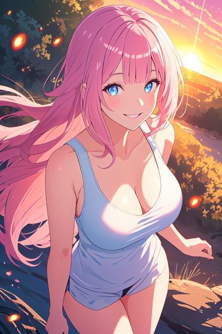 long hair, pink hair, blue eyes, sunset, light particles, fireflies, volumetric lighting, tank top, large breasts, smile, sparkling eyes, blunt bangs looking at viewer, cowboy shot, from above