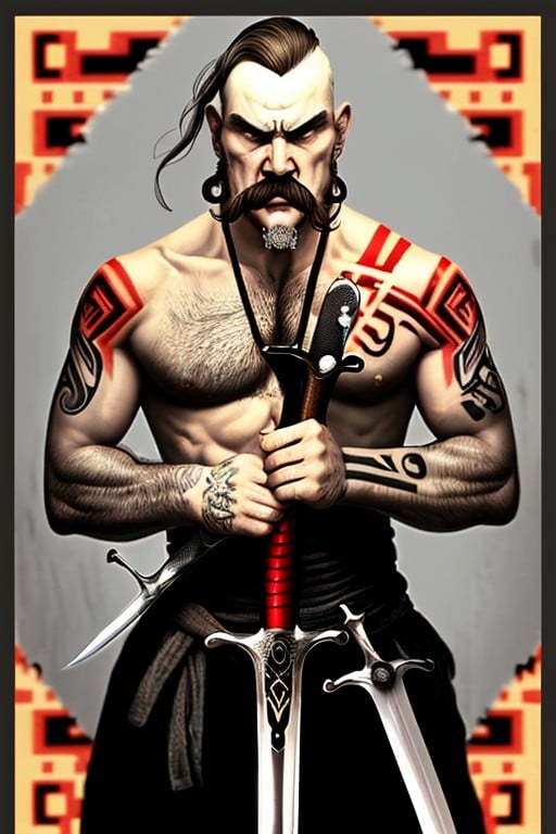 ukrtattoo, man, mustache, angry face,  vyshyvanka tattoo on body, holding swords in hands, male focus, tryzub vyshyvanka background <lora:ukrtattoo:1>