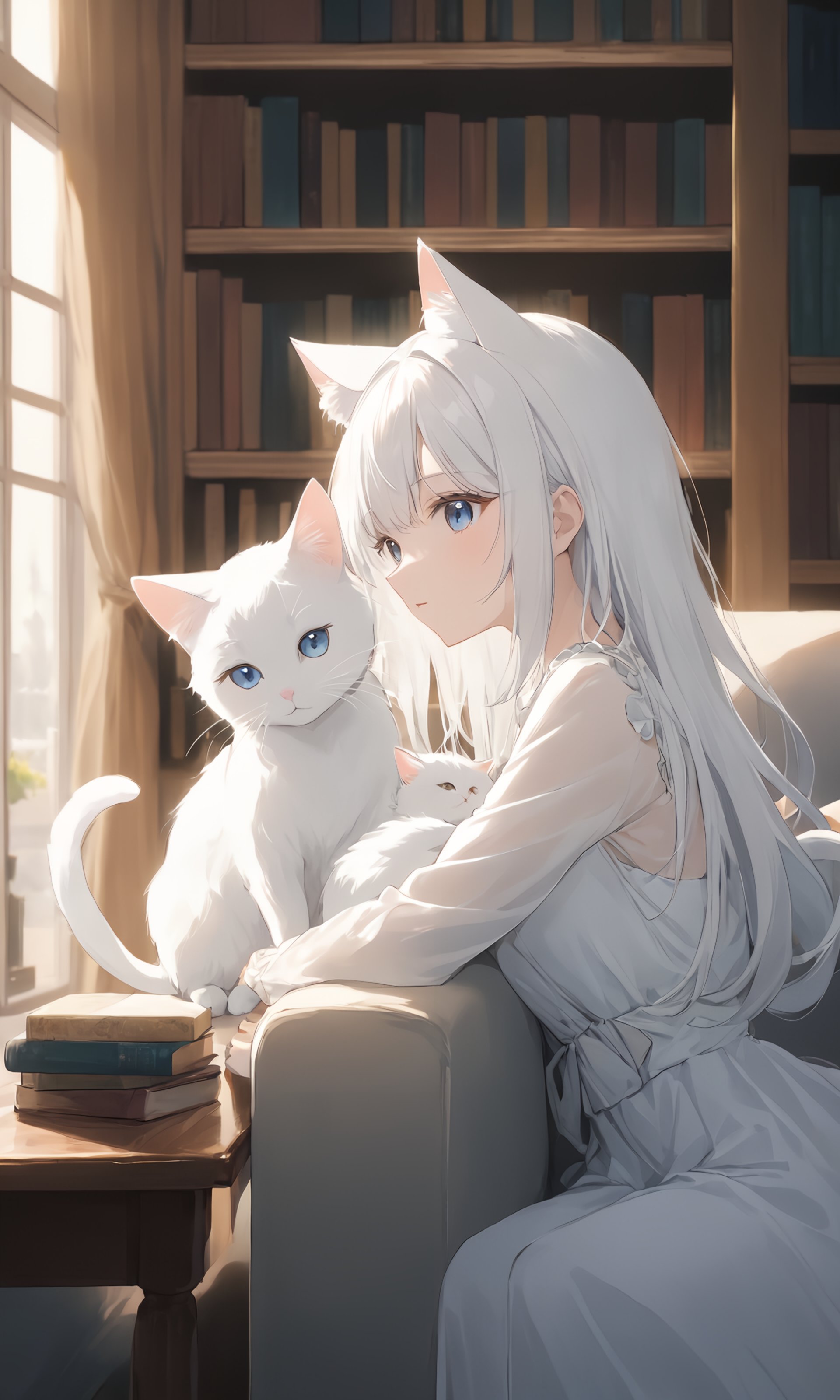 (masterpiece),(highest quality),highres,(an extremely delicate and beautiful),(extremely detailed),a young girl with white hair and wearing a white dress sits on a couch, embracing a white cat, She has cat ears and a tail, showing her to be a feline creature like human,  with a window letting in natural light and a bookshelf full of various books, Nearby, one can see a cup placed on a table,depth of field, blurry foreground, blurry background