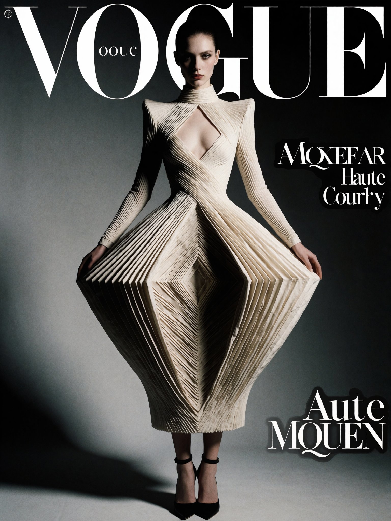 Fashion editorial of avant-garde haute couture,  model in architectural dress,  studio lighting by inknoir on Tensor.Art