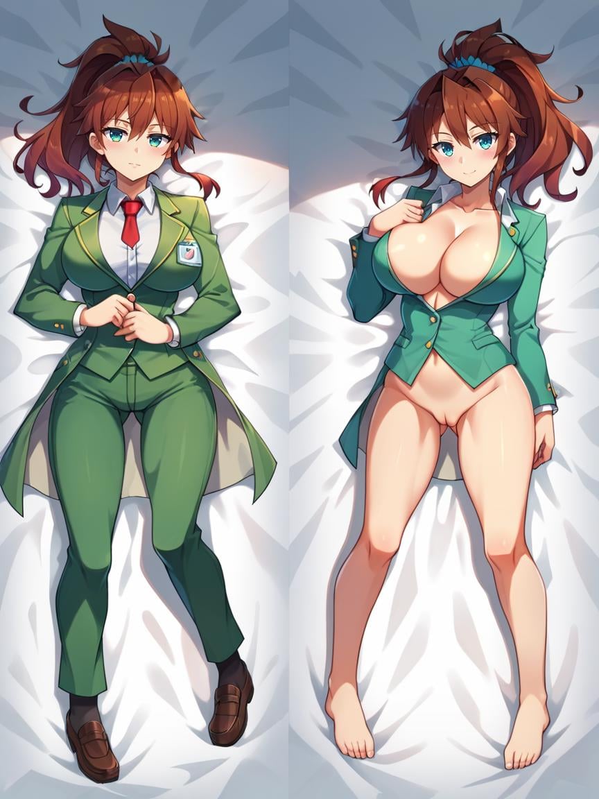 professional 3d model score_9, score_8_up, score_7_up, best quality, masterpiece, 4k, uncensored, perfect lighting, rating_explicit, very aesthetic, anime BREAK1girl with (breast breasts),dark auburn hair Sleek Ponytail,emerald green (suit), dakimakura \(medium\), from above, covered nipples, large breasts,tsukiyo_(skymint),simple background, . octane render, highly detailed, volumetric, dramatic lighting  <lora:breasts++-PD-breast_bags-1.0:1>