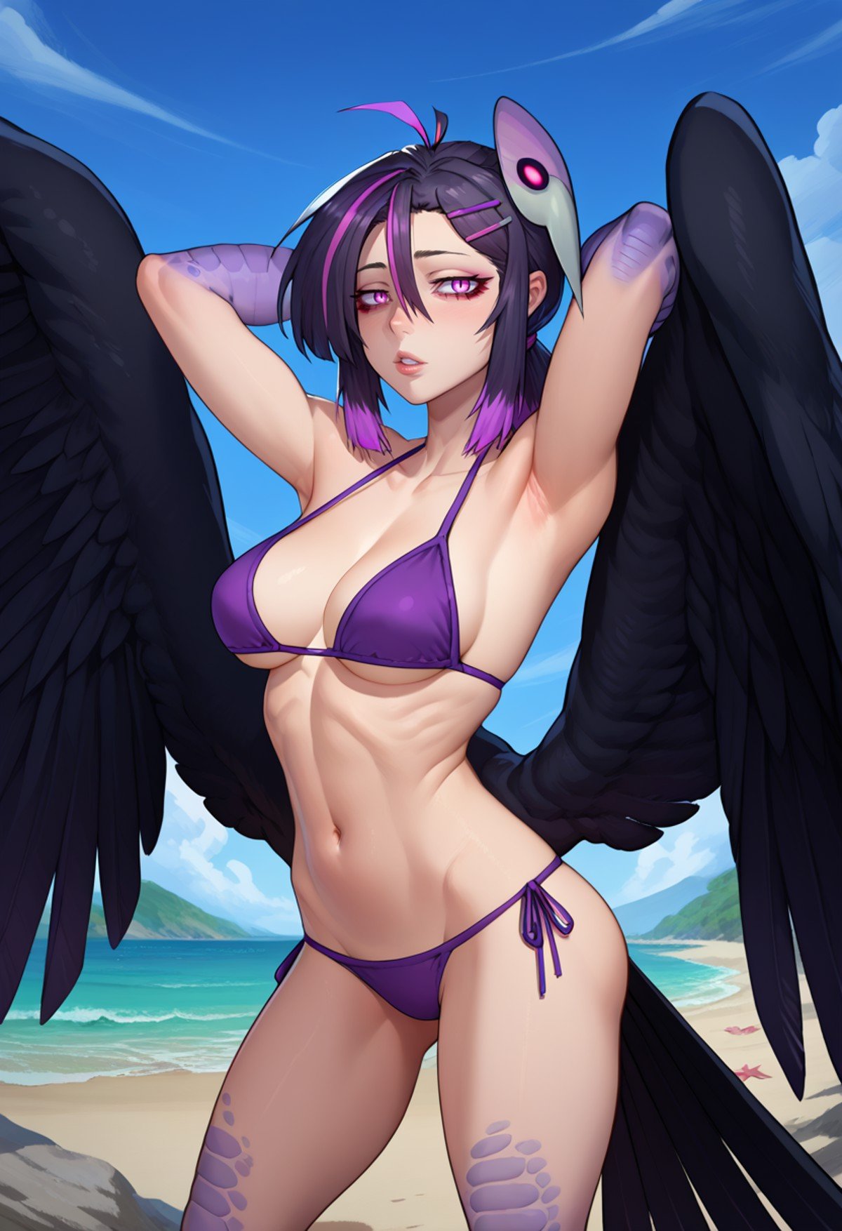 score_9, score_8_up, score_7_up, solo, 1girl, omava, monster girl, harpy, black wings, feathered wings, bird legs, talons, parted lips, looking at viewer, arms behind head, ahoge, hairclip, mask on head, purple bikini, side-tie bikini bottom, medium breasts, outdoors, beach <lora:orcmassage_ava_ponyXL:1>