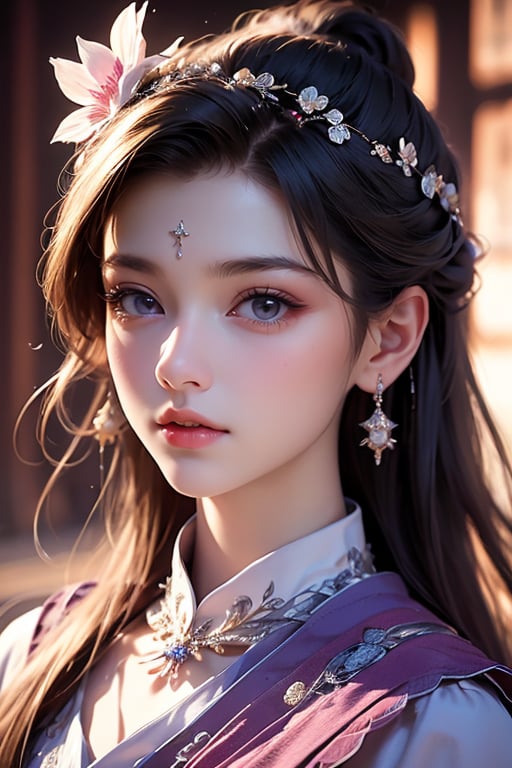 1girl, solo, jewelry, earrings, long hair, portrait, brown hair, hair ornament, looking at viewer, flower, purple eyes, realistic, lips, eyelashes, hand up, hair flower, flower earrings <lora:仙侠-000009:1>, ray tracing, (best quality), ((masterpiece)), (highres), original, extremely detailed 8K wallpaper, (an extremely delicate and beautiful), incredibly_absurdres, colorful, intricate detail, artbook, <lora:仙侠:0.8>