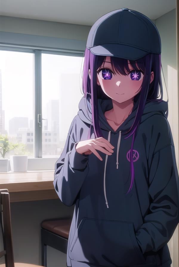 aihoshino, <lora:ai hoshino s1-lora-nochekaiser:1>,ai hoshino, long hair, bangs, (purple eyes:1.1), purple hair, (symbol-shaped pupils:1.5), smile,BREAK hood, hoodie, hood down, long sleeves, white hoodie, hat, baseball cap,BREAK indoors, concert, stage,BREAK looking at viewer, (cowboy shot:1.5),BREAK <lyco:GoodHands-beta2:1>, (masterpiece:1.2), best quality, high resolution, unity 8k wallpaper, (illustration:0.8), (beautiful detailed eyes:1.6), extremely detailed face, perfect lighting, extremely detailed CG, (perfect hands, perfect anatomy),