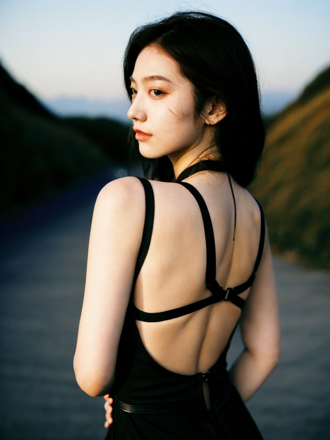 1girl, woman black dress, backless dress, evening mood capture, black harness, k-pop, close-shot behind, black blue, whole body, thin neck, best quality, morning,best quality,masterpiece,