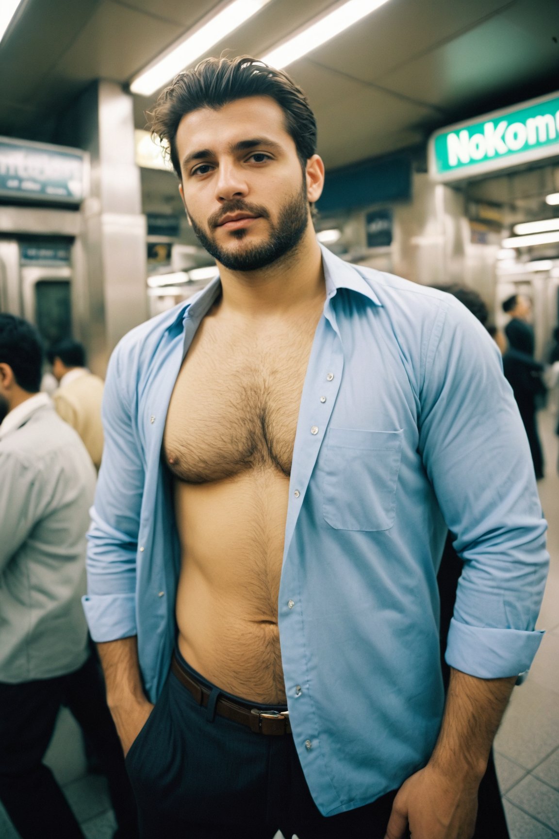 vintage photo of a businessman standing in a crowded metropolitan subway station,  Arab,  Nikon F by SuacaraGasm on Tensor...