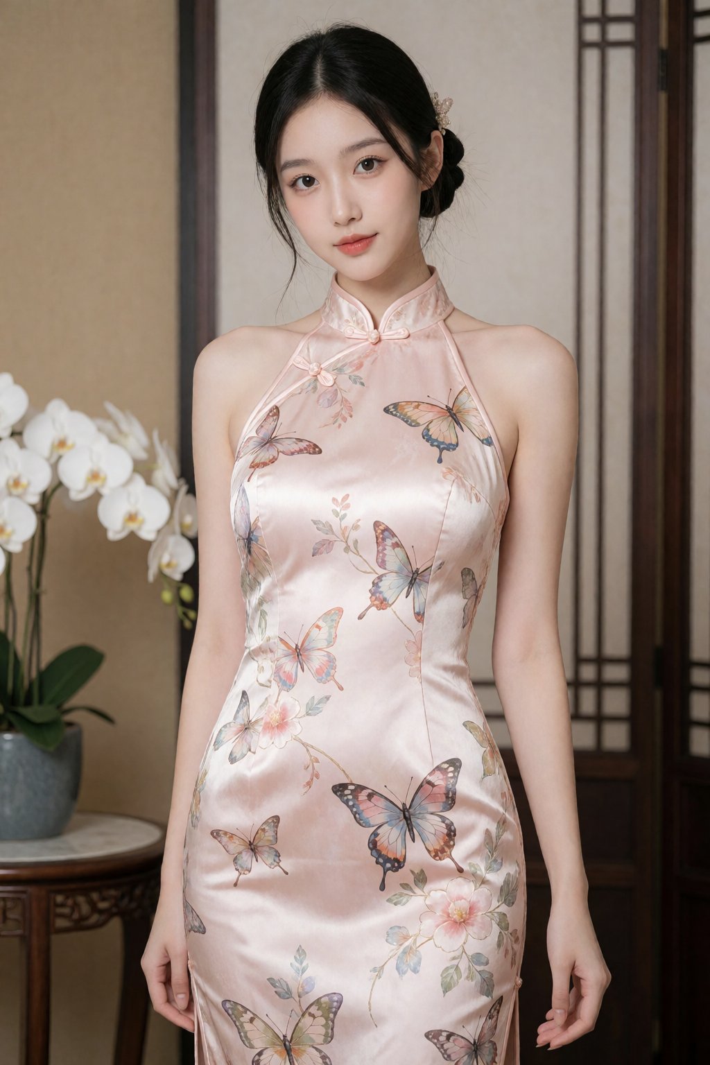 A young Asian woman,  approximately in her early twenties,  stands gracefully by 天TIN on Tensor.Art