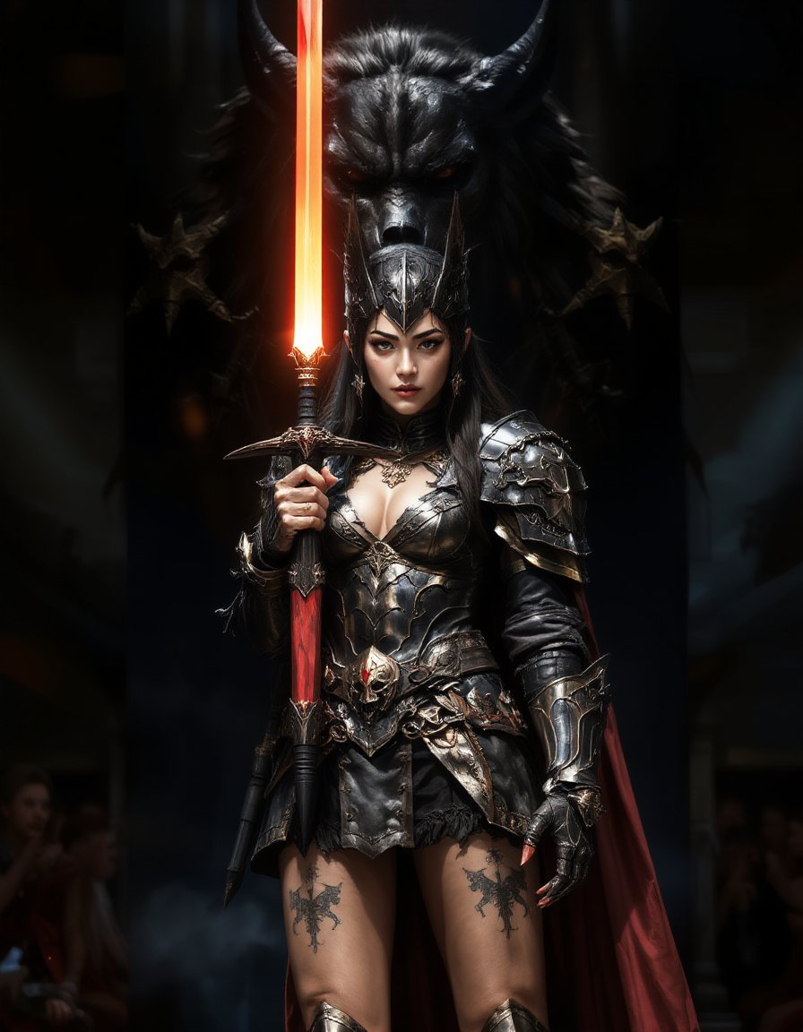 a girl standing in front of huge werewolf, full body armor, holding a glowing sword,tattoo on the breasts, tattoo cleavage, Lower abdomen tattoo,wearing a costume,a werewolf seems to be a representation of a knight,which is positioned vertically, wearing a costume,posing to viewer, catwalk in front of hot sprint,spot light, dark theme, high key light, rim light, spark holy light reflection,devil armor<lora:hinaFluxFantasyArmorMix-schnell_v1-rev1:0.9> <lora:hinaFluxAsianMixLora-schnell_v1:0.6>