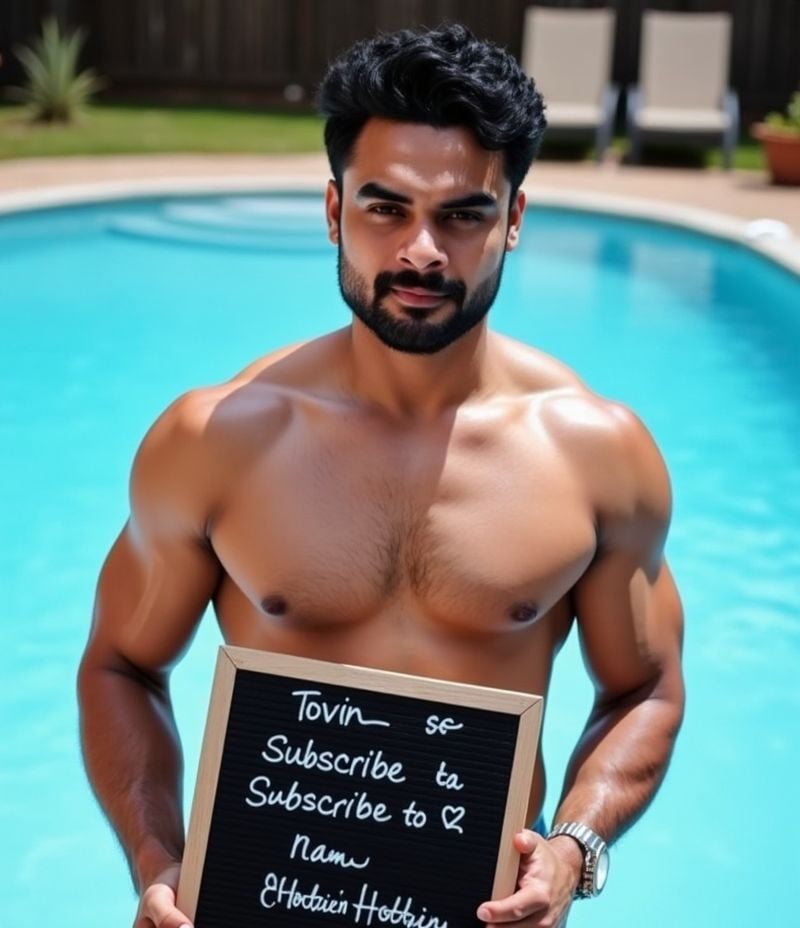 tovino thomas ,  standing by the pool in speedos holding a board in hand with written text "Subscribe to HottiesnHotties"...