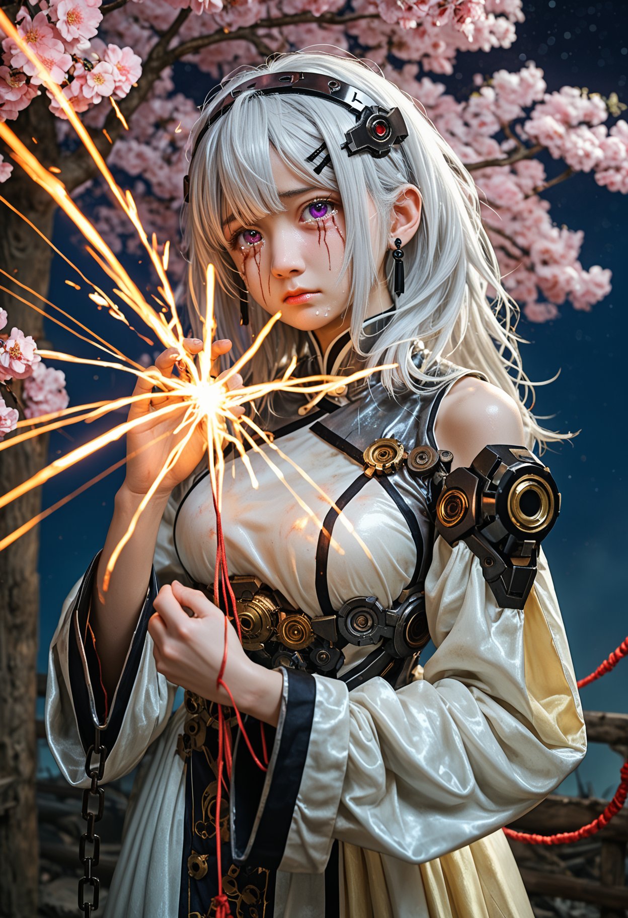 1girl,solo,looking at viewer,medium hair,bangs,hairband,purple eyes,hair ornament,hair between eyes,white hair,fluffy hair,large_breasts,blush shy,shiny_skin,very detailed clothes,very realistic textures,very detailed textures,longeyelashes,brown eye shadow,night,dim light,cyberpunk,mechanical arm,sci-fi style clothes,hair_tucking,metal material,realistic metallic texture,hands,raise your hand,Injuries,scratches,gears,links,chains,wires,sparks,electric sparks,crying,tears,1girl,large_breasts,Gray hair,air bangs,very long hair,thick hair,fluffy hair,Chinese clothing,very long dresses,hair accessories,hairpins,loose sleeves,long sleeves,bracelets,earrings,Hanfu,fine costumes,fine textures,girl standing beside the peach tree in a daze,flapping her hair,light yarn,translucent,, score_9,score_8_up,score_7_up,masterpiece,best quality,8k,