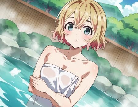 score_9, score_8_up, score_7_up, source_anime,maminanami, <lora:mami-nanami-s1-ponyxl-lora-nochekaiser:1>mami nanami, short hair, aqua eyes, blonde hair, hair between eyes,nude, naked, outdoors, onsen, towel, naked towel, steam, bathing, nude cover, partially submerged, water, bath, steam censor, wet towel,looking at viewer, dutch angle, cowboy shot