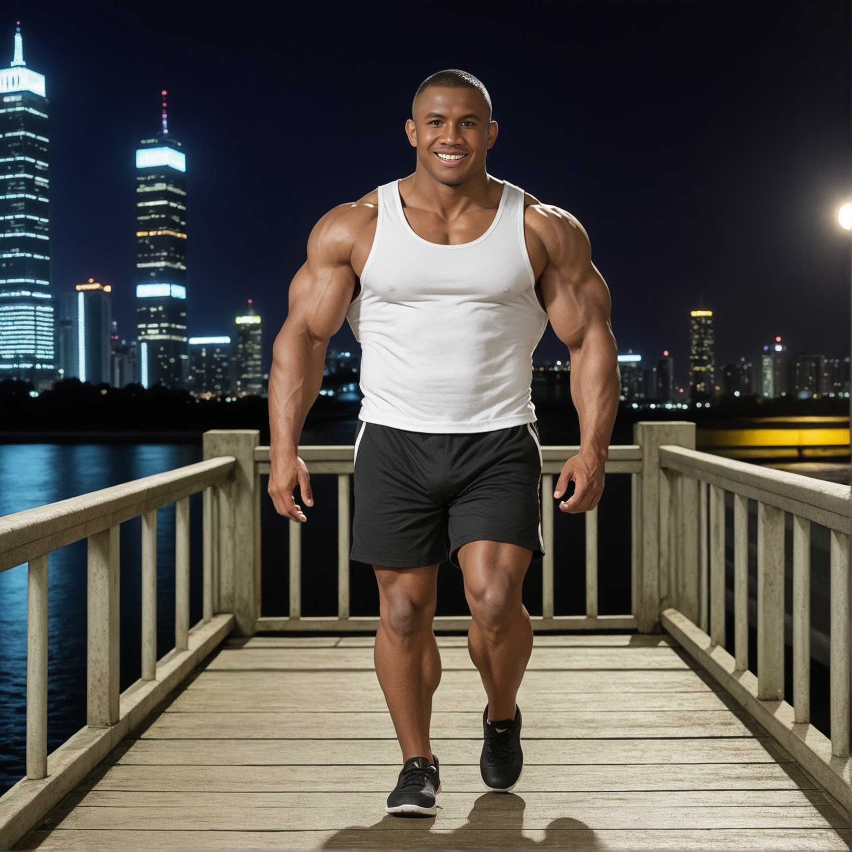 buakaw, dark skin male, mature male, walking on the bridge at night, city skyline, tanktop, black shorts, anatomically correct, detailed eyes, detailed face, deep brown eyes, muscular, bodybuilder, huge pectorals, huge biceps, buzz cut, smile<lora:Buakaw Banchamek H5xl:0.6>