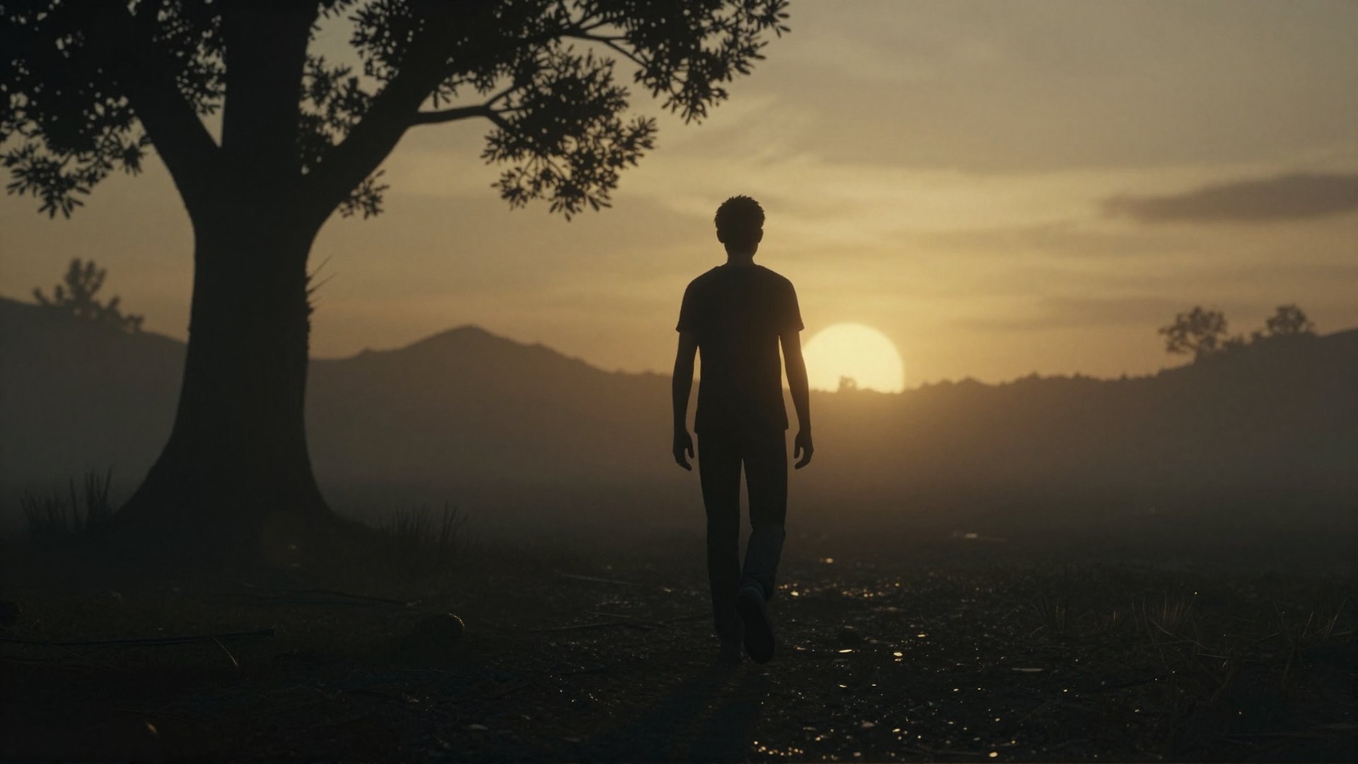 cinematic film still of cinematic style,  In 3D rendering style,  a dark themed image of a man walking in the fog with a s...