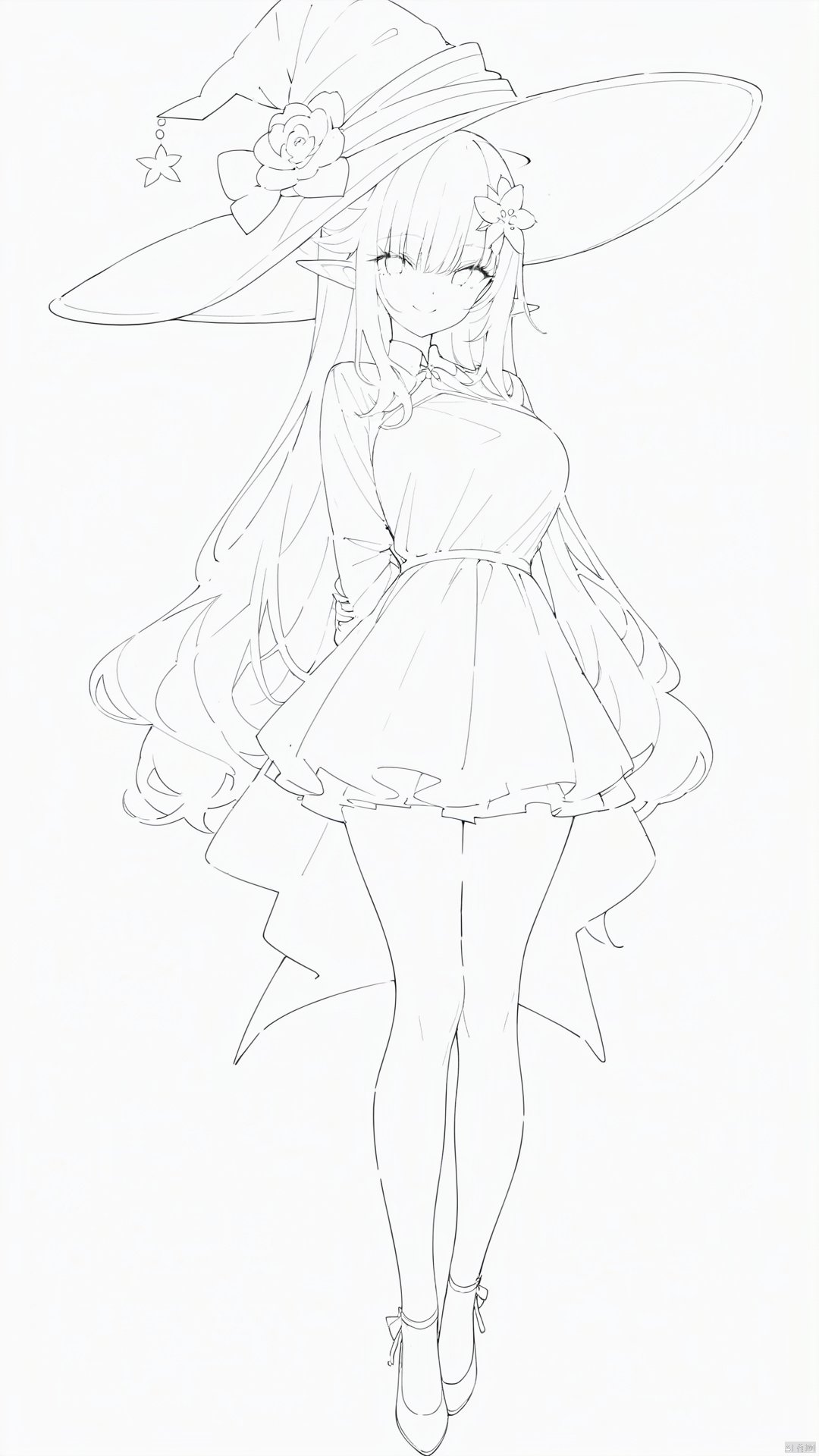 (greyscale, monochrome, sketch), (masterpiece:1.2), (arms behind back:1.2), best quality, game cg, 1girl, solo, long hair, white hair, hair ornament, dress, full body, looking at viewer, simple background, red eyes, standing, hair flower, white background, white dress, closed mouth, long sleeves, skirt, wavy hair, blush, large breasts, smile, very long hair, hand up, floral print, witch hat, elf,<lora:EMS-261615-EMS:1.000000>