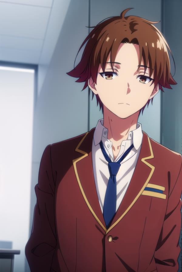 kiyotakaayanokouji, <lora:kiyotaka ayanokouji s2-lora-nochekaiser:1>,kiyotaka ayanokouji, brown hair, (brown eyes:1.5), male focus, (parted bangs:1.5), short hair,BREAK school uniform, jacket, necktie, blazer, blue necktie, shirt, white shirt, collared shirt, (red blazer:1.5),BREAK indoors, classroom,BREAK looking at viewer, (cowboy shot:1.5),BREAK <lyco:GoodHands-beta2:1>, (masterpiece:1.2), best quality, high resolution, unity 8k wallpaper, (illustration:0.8), (beautiful detailed eyes:1.6), extremely detailed face, perfect lighting, extremely detailed CG, (perfect hands, perfect anatomy),