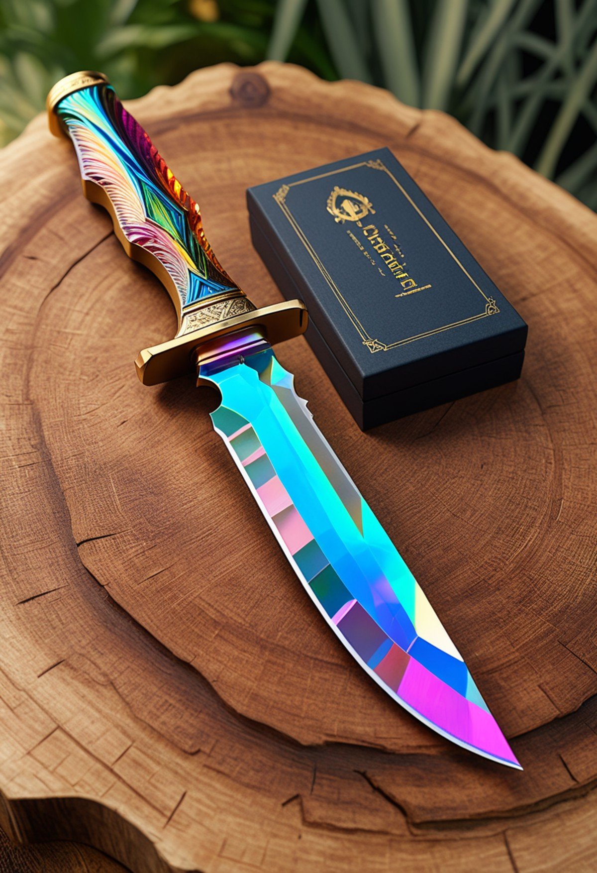 A transparent knife made out of crystal,ultra detailed,enhanced,prismatic colors,