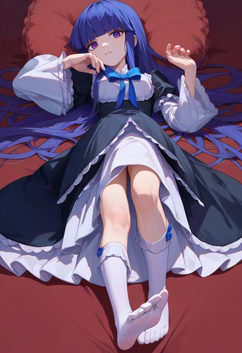 score_9, score_8_up, score_7_up, source_anime, 1girl, solo,   frederica bernkastel, long hair, blue hair, purple eyes, black dress, frills, white socks, feet, on back,    <lora:BernCAMENoiise-000011:1>