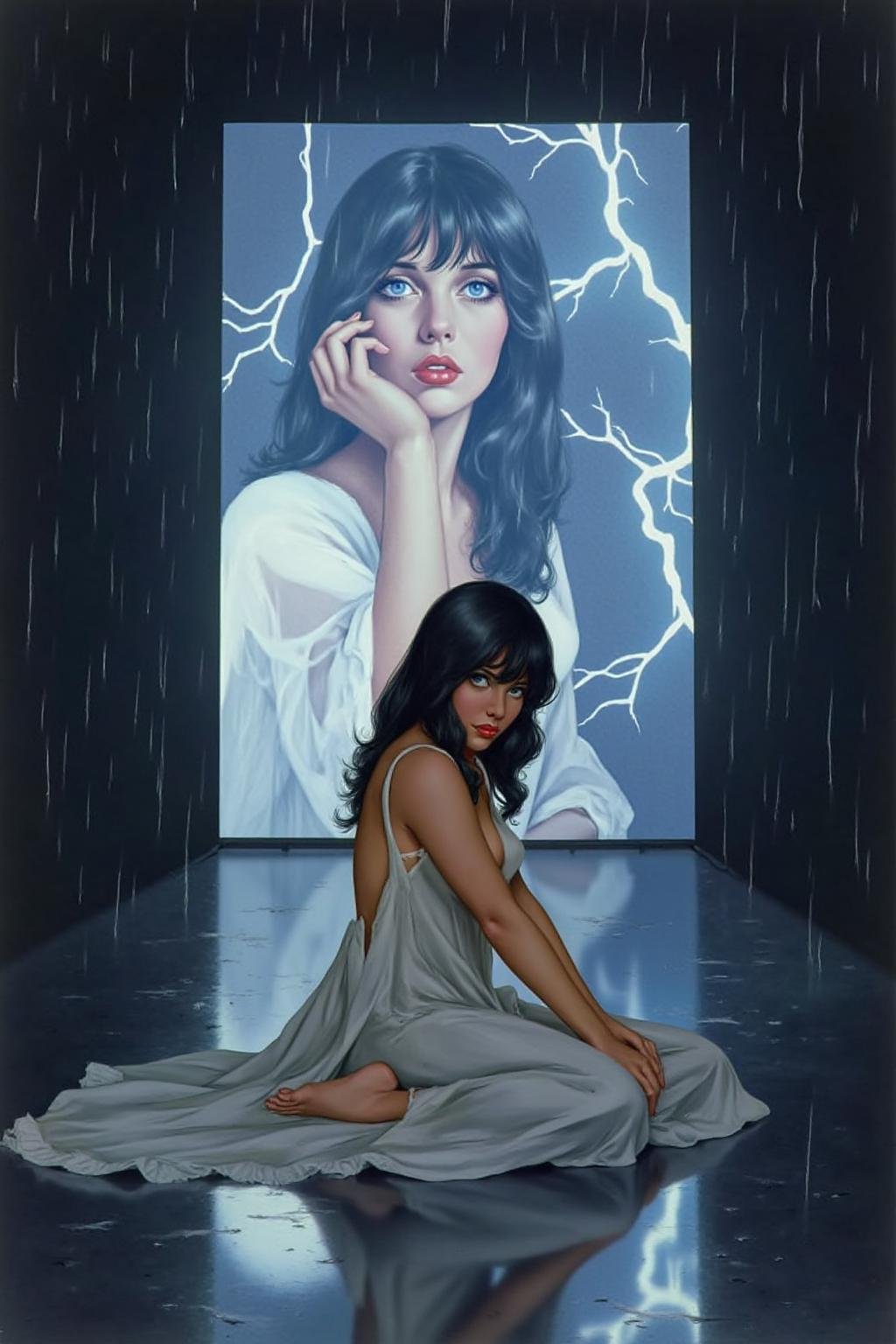 a1bertova illustration.Shot from the side,  surreal,  overhead shot of a a woman with long by NowhereManGo on Tensor.Art