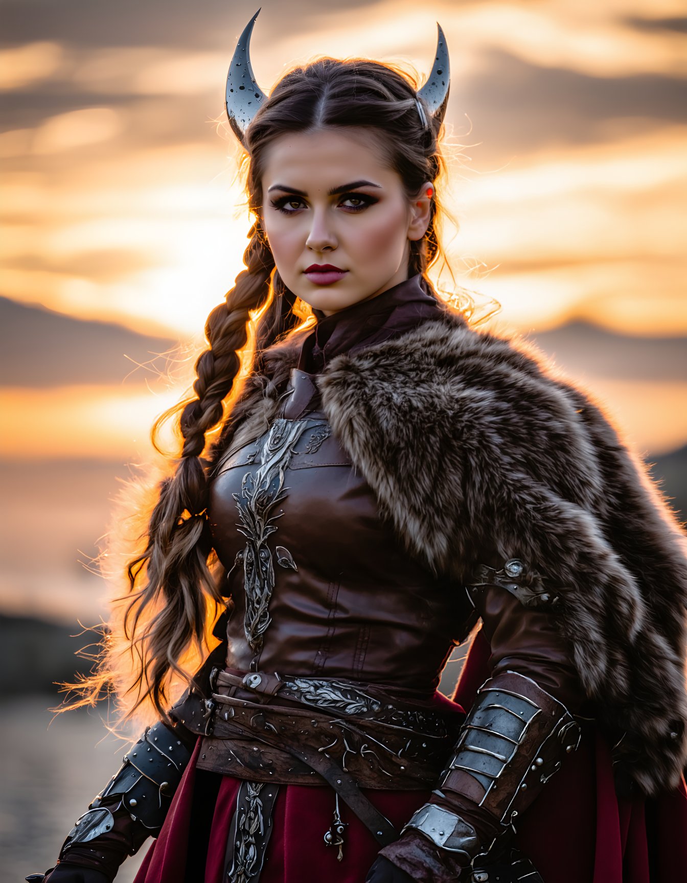 (best quality, 4k, 8k, highres, masterpiece:1.2), ultra-detailed, (realistic, photorealistic, photo-realistic:1.37), Viking women, portrait, ancient, warrior, brave, beautiful, detailed eyes, fierce expression, professional, Cinematic, concept artists, female warrior, ornamented armor, leather clothing, long hair, braided, fur accessories, weapon in hand, stoic pose, dramatic lighting, contrasting shadows, resolute gaze, vivid colors, strong personality, proud stance, haunting atmosphere, epic scenery, historical background, rough surroundings, powerful presence, characterful face, foreground focus, background blurred, hint of adventure,