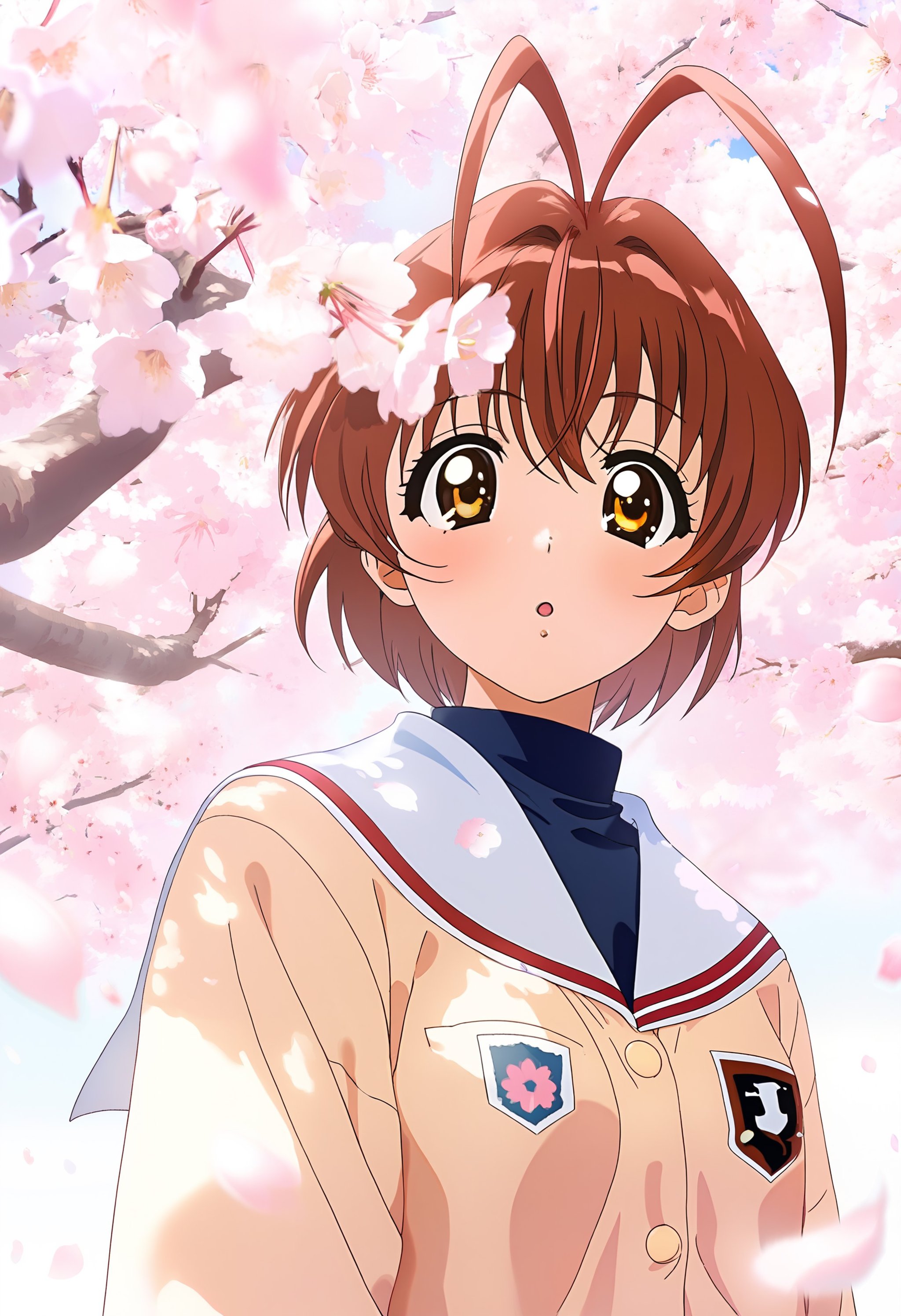 1girl, solo, 1 furukawa nagisa, hikarizaka private high school uniform, brown clothes, sakura, aesthetic, detailed, beautiful color, amazing quality