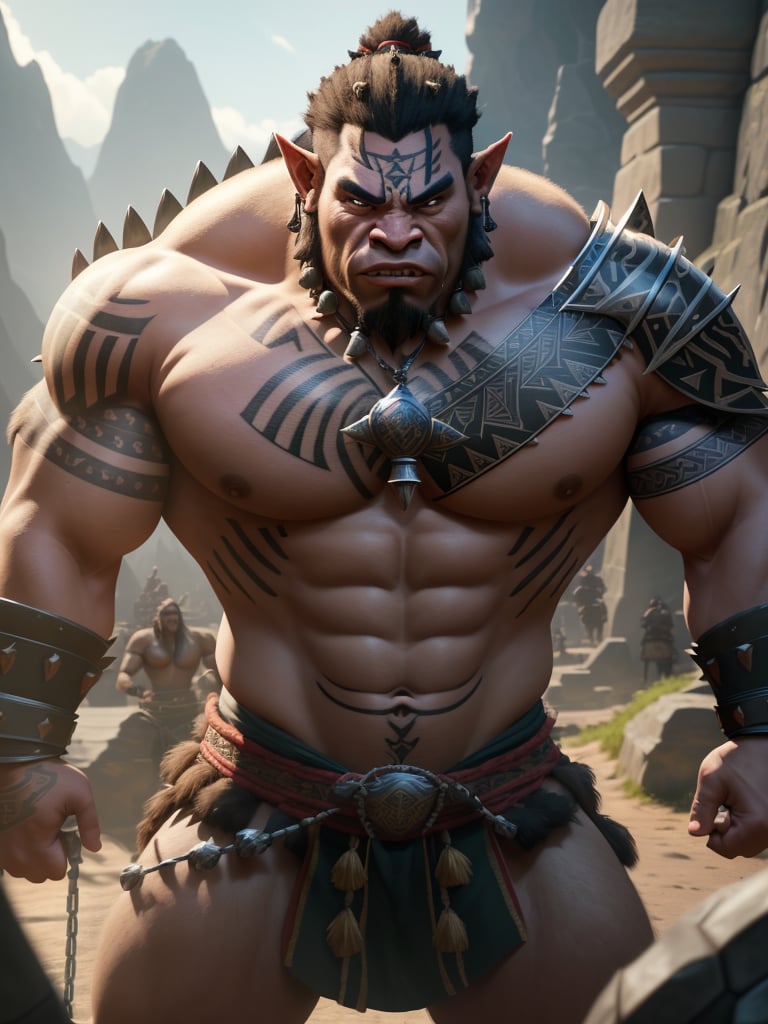 masterpiece, best quality,(wallpaper), poster, extremely detailed cg unity 8k wallpaper, ray tracing, cinematic lighting, blurry foreground, fighting stance, 1boy, bara, orc, armored dress, sword, nipple cutout, bared teeth, tattoo, chains, shackles, cuffs,(Tribal civilization:1.3),( heavy stone knives), (war,) tribal background