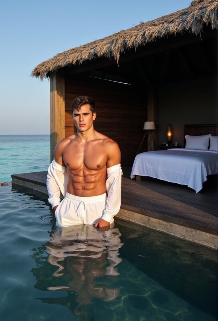 Pietro Boselli ,  standing by the pool in Maldives in open shirt,  sexy by HottiesnHotties on Tensor.Art