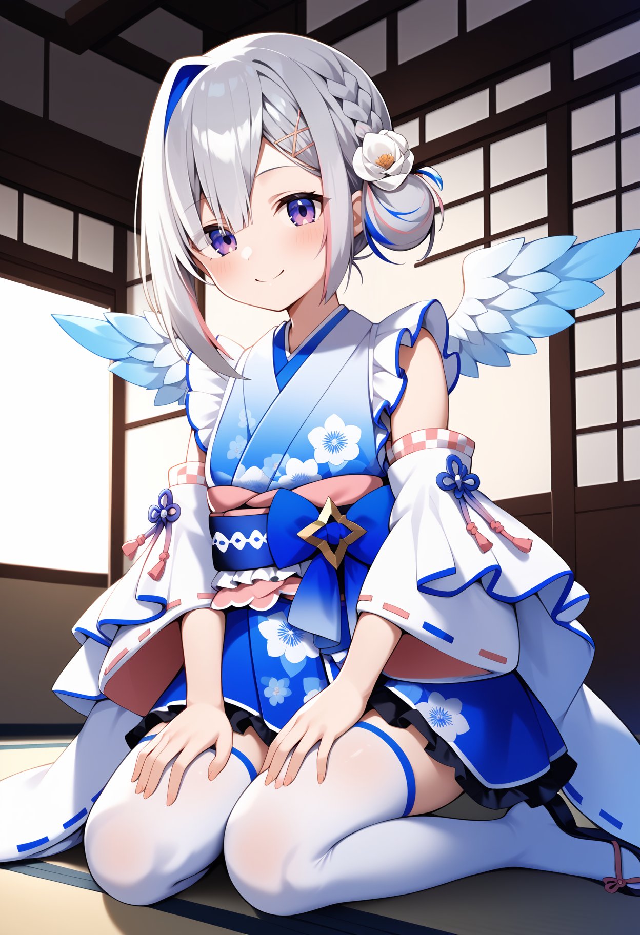 score_9, score_8_up, score_7_up, score_6_up, score_5_up, score_4_up, source_anime, cckanata, short hair, multicolored hair, grey hair, braid, single side bun, hair flower, x hair ornament, purple eyes, wings, frills, floral print, sleeveless kimono, white kimono, detached sleeves, wide sleeves, sleeves past wrists, obi, blue bow, kimono skirt, blue skirt, white thighhighs, <lora:amane_kanata_ponyxl_v1:0.9>, smile, kneeling, indoors, hands on own knees, 