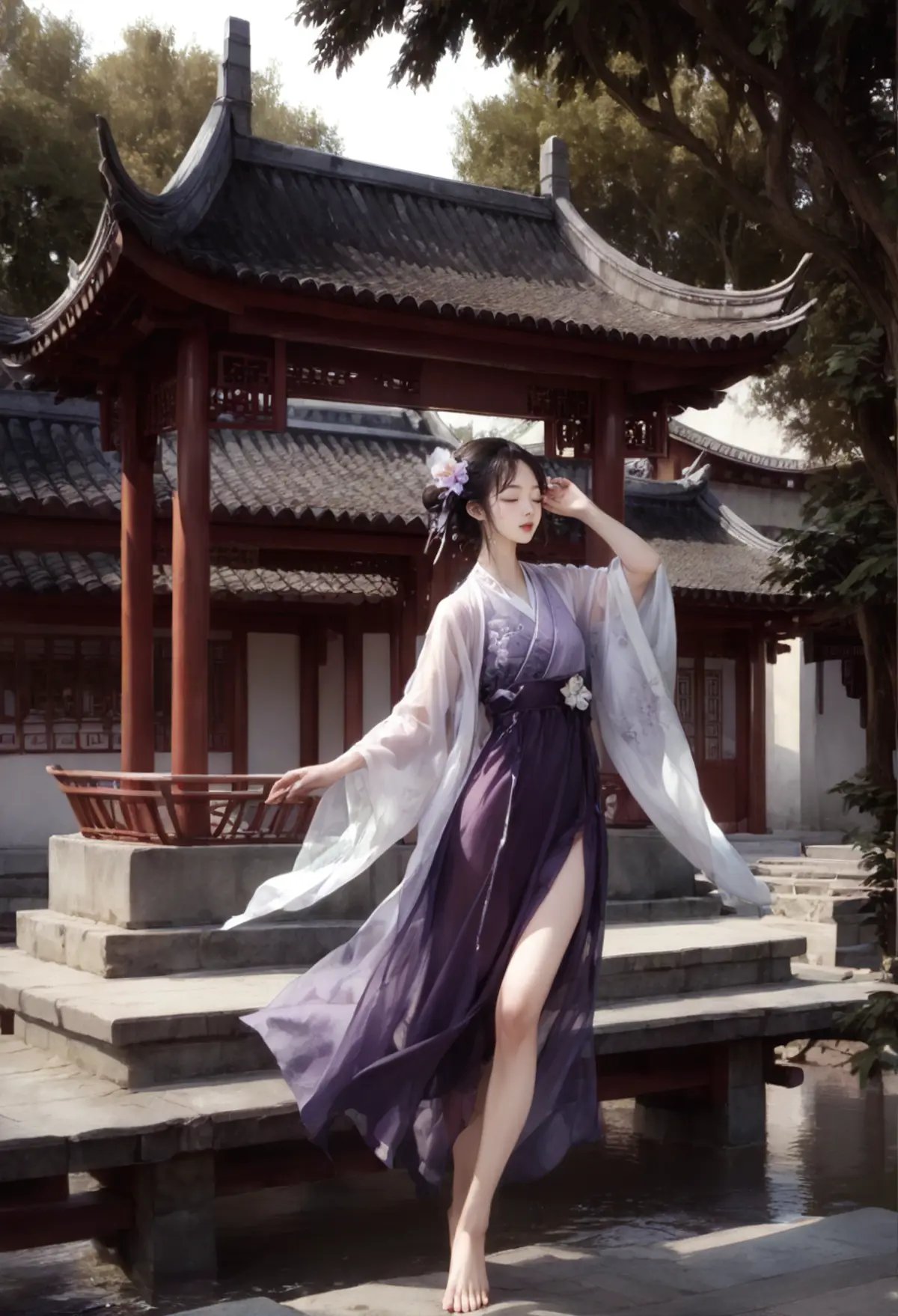 ,ruanyi0800,scenery,outdoors,east asian architecture,,ruanyi0752,hanfu,purple dress,see-through,wide sleeves,barefoot,dancing,flower,tree,water,<lora:0800 Chinese courtyard_v1_pony:1>,<lora:0752 Wisteria butterfly hanfu_v1_pony:0.8>, score_9,score_8_up,score_7_up,,8k,1girl,solo,,