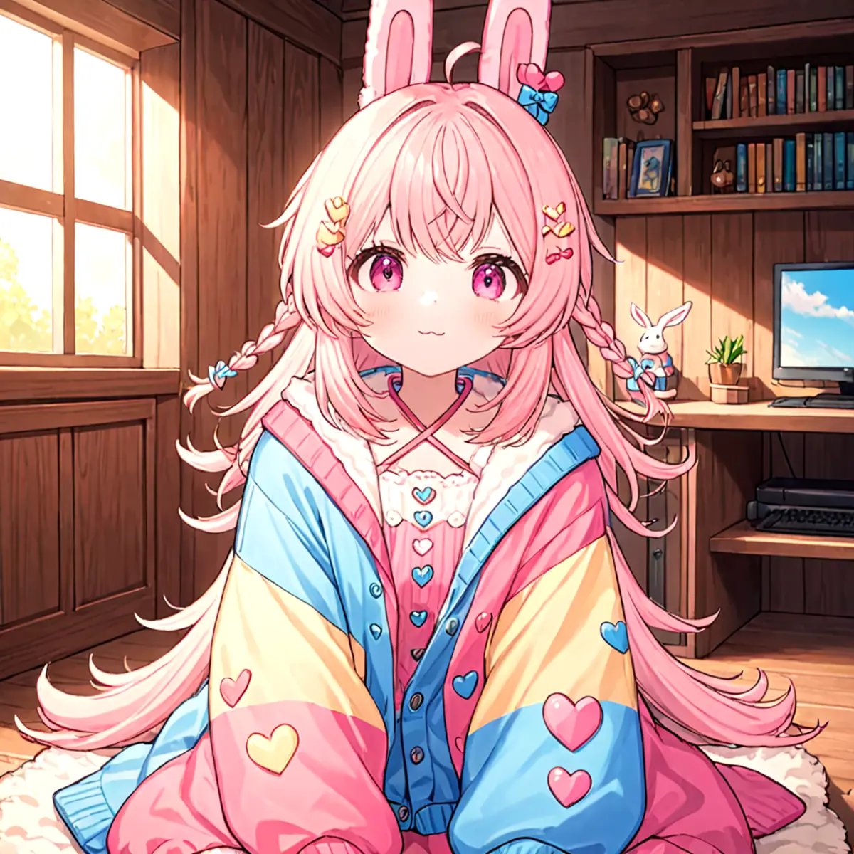 pippa, :3 rabbit ears, bangs, closed mouth, rabbit girl, sleeves past wrists, solo, twin braids, virtual youtuber, ahoge, pink eyes, pipi hairclip, heart hairclip, bow hairclip, bunny hairclip, red bow hairclip, tiny heart hairclip,((oversized sweater, indoors, computer, sitting))(((best quality, ultra-detailed, shading, sharpness, volumetric lighting, cowboy shot))) <lora:PIPPA-XL-t9-000001:0.6>