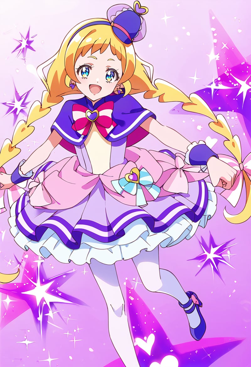 score_9, score_8_up, score_7_up, source_anime, BREAKcure friendy, 1girl, blonde hair, solo, smile, blue eyes, open mouth, twin braids, full body, :d, looking at viewer, standing, capelet, purple footwear, outstretched arm, purple background, pink background, striped bow, sparkle, white legwear, clenched hand, outstretched hand, blue headwear, bangs, wrist cuffs, floating hair, clothes around waist, earrings, pink bow, white skirt, eyelashes, happy, pouch, striped neckwear, blue capelet, flat chest, purple capelet, pink neckwear, white dress, very long hair, short dress, red neckwear, multicolored neckwear, bowtie, mini witch hat, mismatched eyelashes, hand up, blue footwear, aqua eyes, sweater around waist, shiny hair, low twintails, dress bow, wristband, pink headwear, purple bow, gradient background, blush, standing on one leg, miniskirt, multicolored clothes, purple theme, white bow, heart brooch, purple dress, petticoat, dot nose, multicolored bow, deerstalker, purple headwear, white pantyhose, tilted headwear, multicolored background, hat ornament, light particles, multicolored eyes, purple hairband, purple pantyhose, white thighhighs, bow earrings, pink footwear, multicolored hair, sleeveless dress, pink dress, low twin braids, triangle earrings, frills, frilled dress, high heels, striped clothes, lens flare<lora:cure_friendy_inukai_iroha_sdxl_locon_pony_v1:0.7>