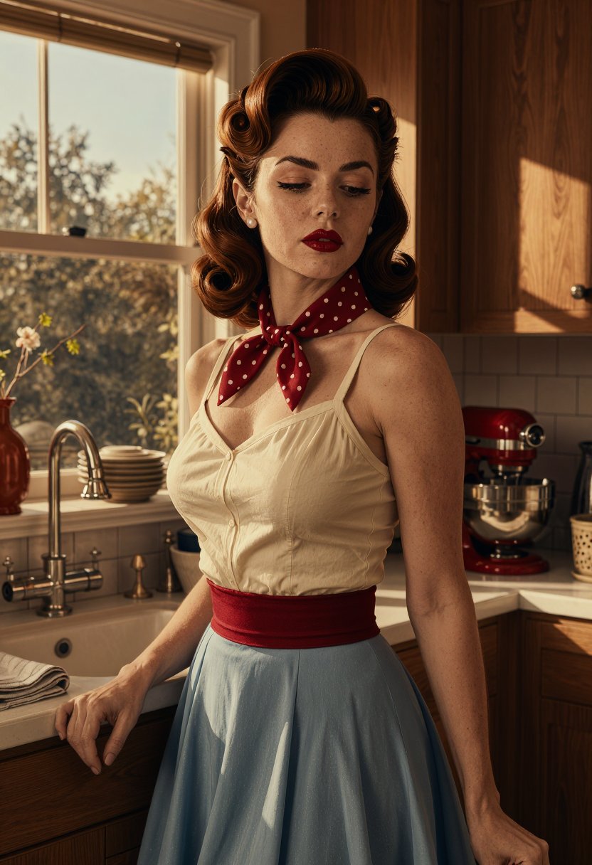 occult,  rockabilly_morph,  A 29-year-old woman appears in a warm retro kitchen scene with polished pin-up elegance and so...