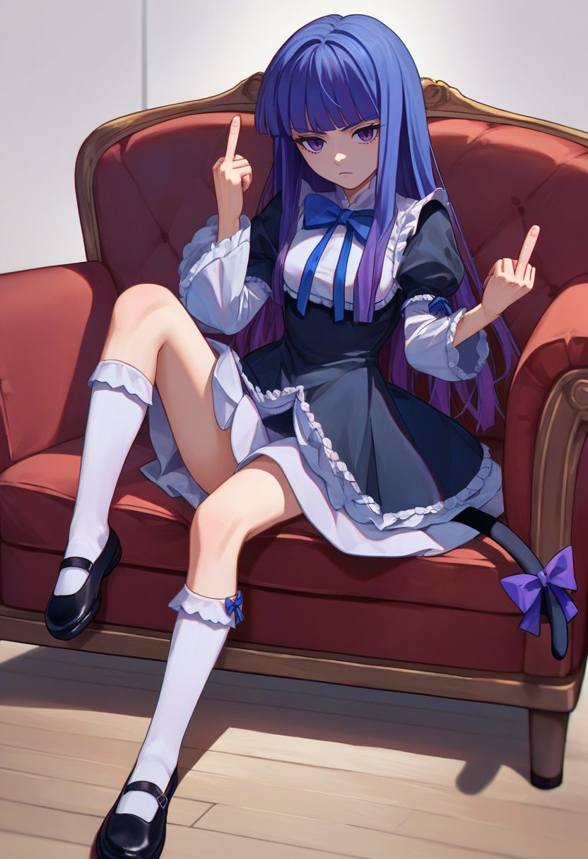 score_9, score_8_up, score_7_up, source_anime, 1girl, solo,   frederica bernkastel, long hair, blue hair, purple eyes, black dress, frills, white socks, mary janes, cat tail, sitting, couch, middle finger, spread legs,   <lora:BernCAMENoiise-000011:1>