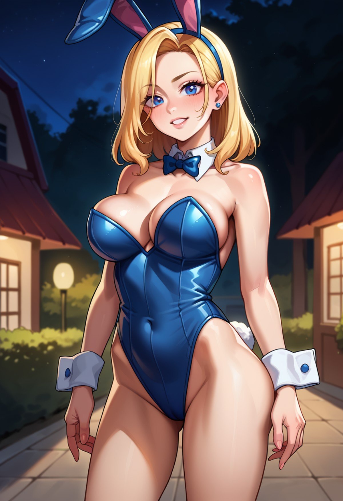 score_9, score_8_up, score_7_up, score_6_up, source_anime, BREAK1girl, solo, medium breasts, breast implants, fake tits, unaligned breasts, perfectly round breasts, playboy bunny, leotard, night, SFW, fully clothed, standing, cowboy shot, outdoors, looking at viewer,  <lora:Implants2:1.2>