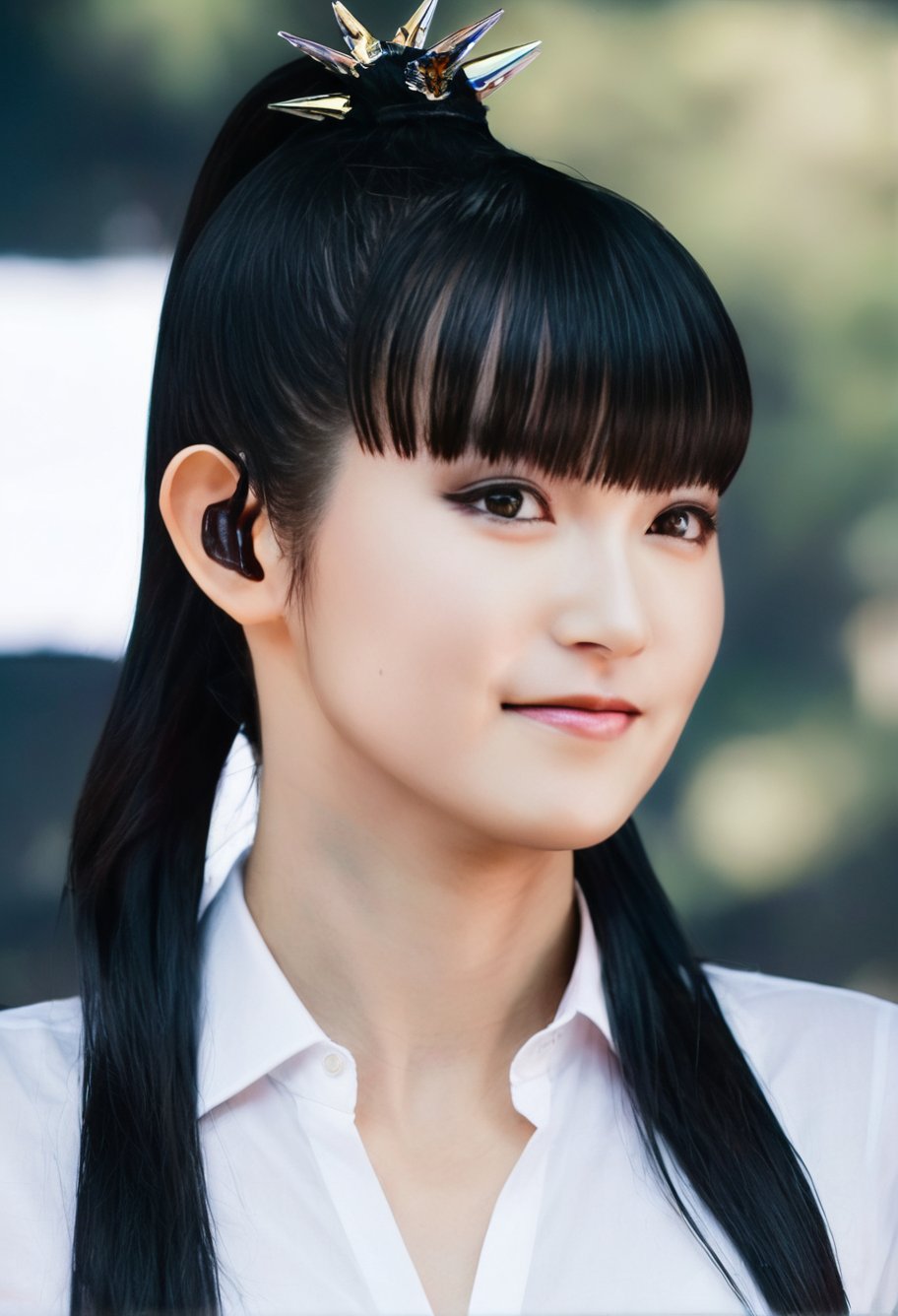 a beautiful picture of suzuka_nakamoto , black long hair,ponytail,bangs,detailed skin texture,masterpiece, photorealistic, woman, light, RAW color photo,(fully in frame:1.1), detailed face, (goosebumps:0.5), outdoors, smiling,wearing a white shir,closeup,upper body,<lora:suzuka_nakamoto (6):1>