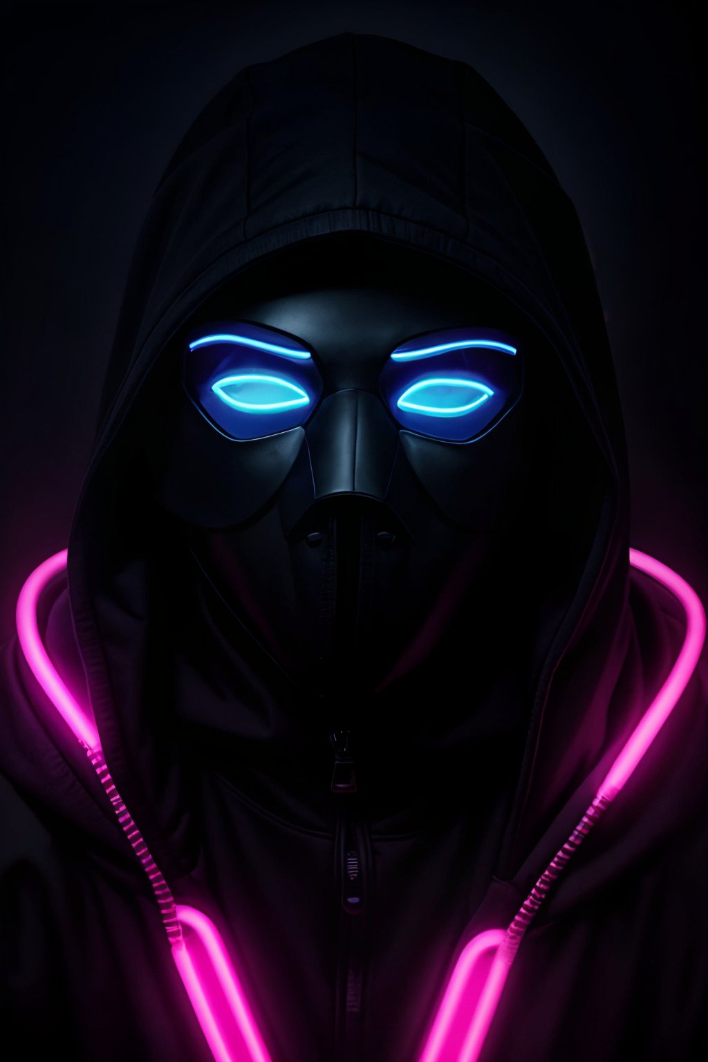 Man, anonymous mask, pink neon mask, digital art, discord profile picture, vantablack chiaroscuro, black hooded, no eyes, glowing halo over head, neon inc, blue neon fog