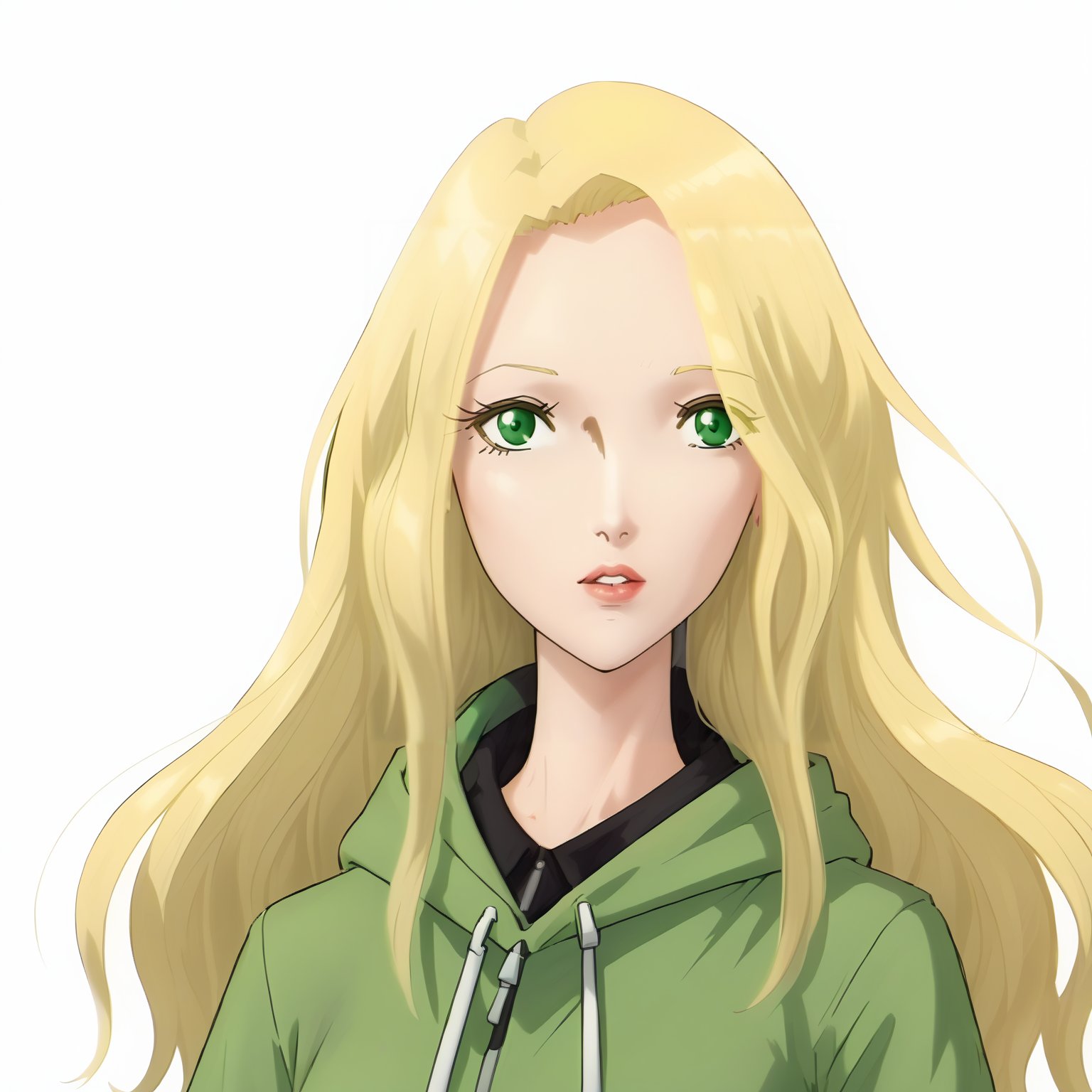 <lora:FatimaPasitheaXLpony002>,parted lips,solo,FatimaPasithea,1girl,blonde hair,long hair,green eyes,hoodie,