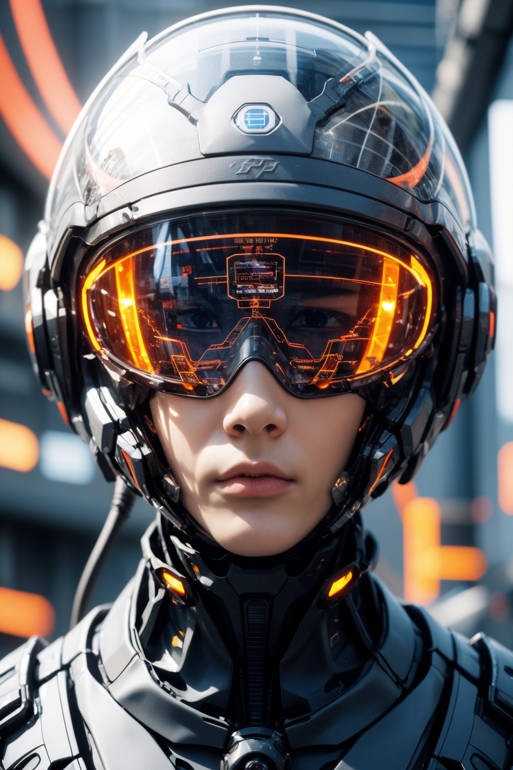 1girl, solo, realistic, science fiction, helmet, cable, cyberpunk, lips, portrait, head-mounted display, blurry, robot, depth of field, blurry background, closed mouth, screen, glowing, facing viewer