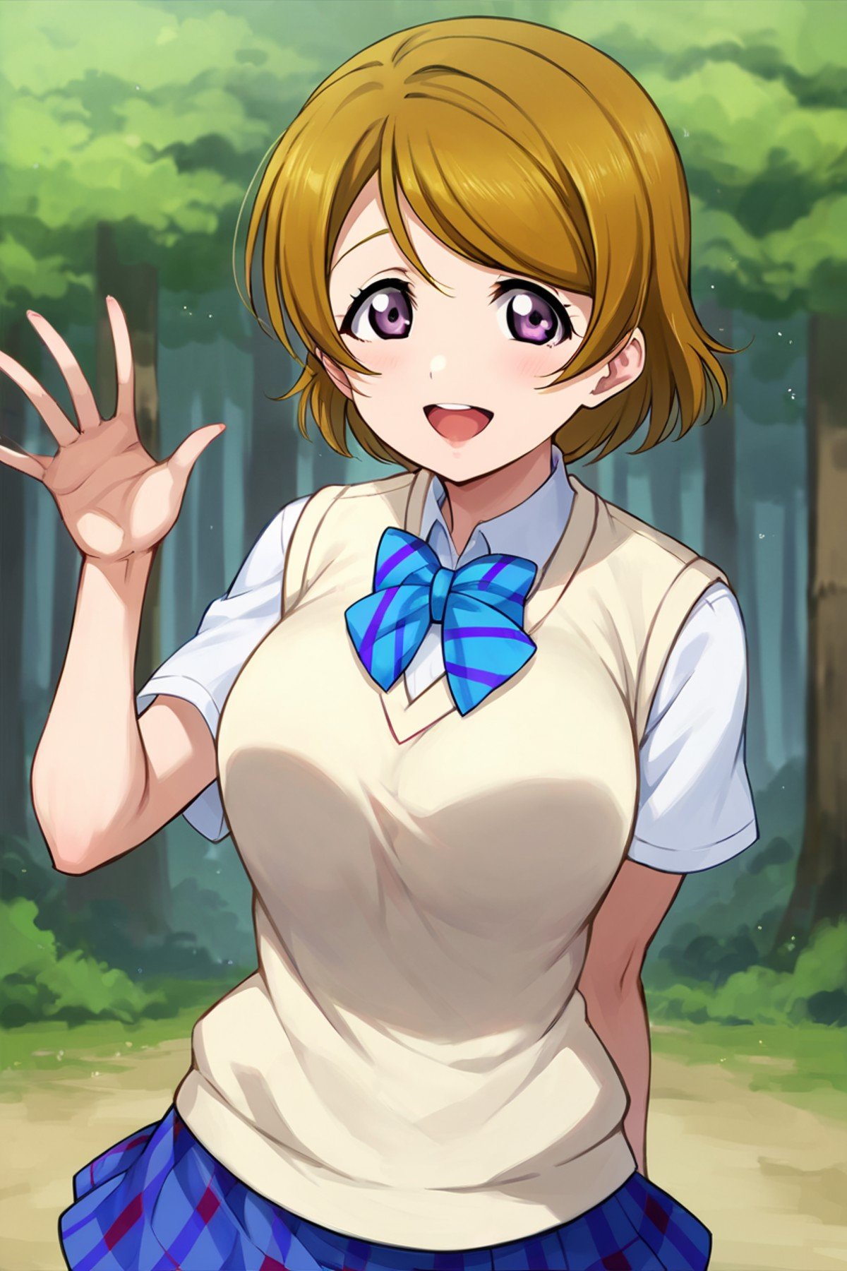 score_9, score_8_up, score_7_up, source_anime BREAK 1girl, solo, lovelive_hanayo, <lora:lovelive_hanayo:1> 150cm taller, cowboy shot, school uniform, sweater vest, short sleeves, blue plaid skirt, blue bowtie, (large breasts:0.5), brown hair, swept bangs, short hair, purple eyes, looking at you, smile, open mouth, forest