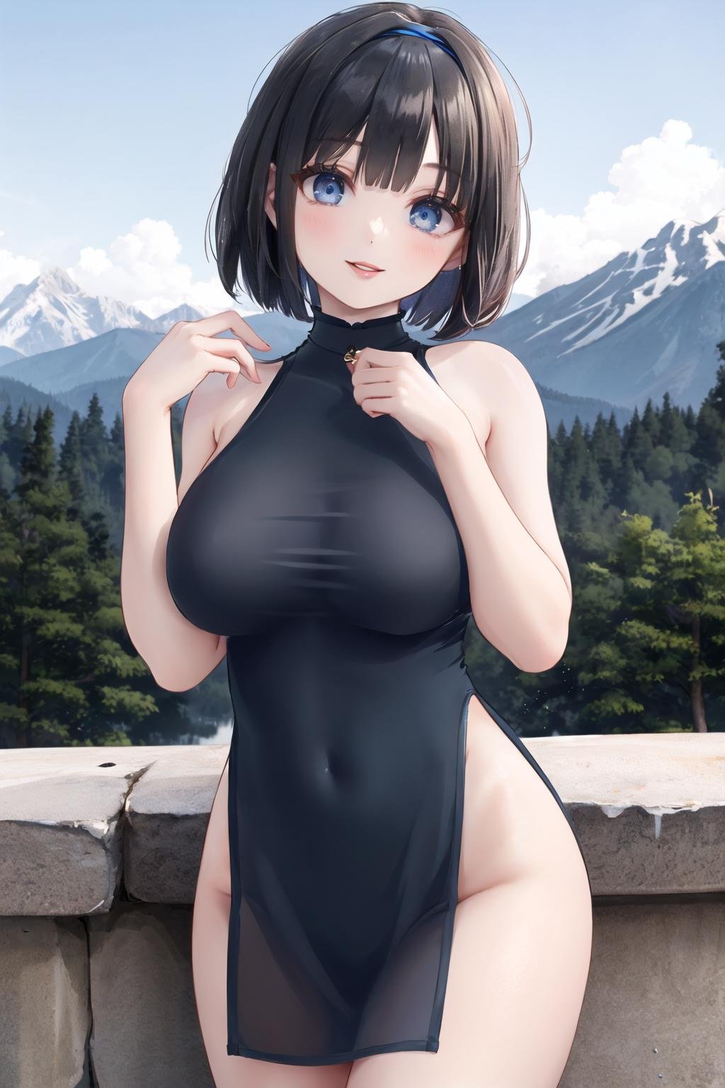 <lora:nightchen:0.6>, (nightgown cheongsam), looking at viewer, lips, smile, large breasts, outdoors, bob cut, black hair, blue eyes, hairband, mountain