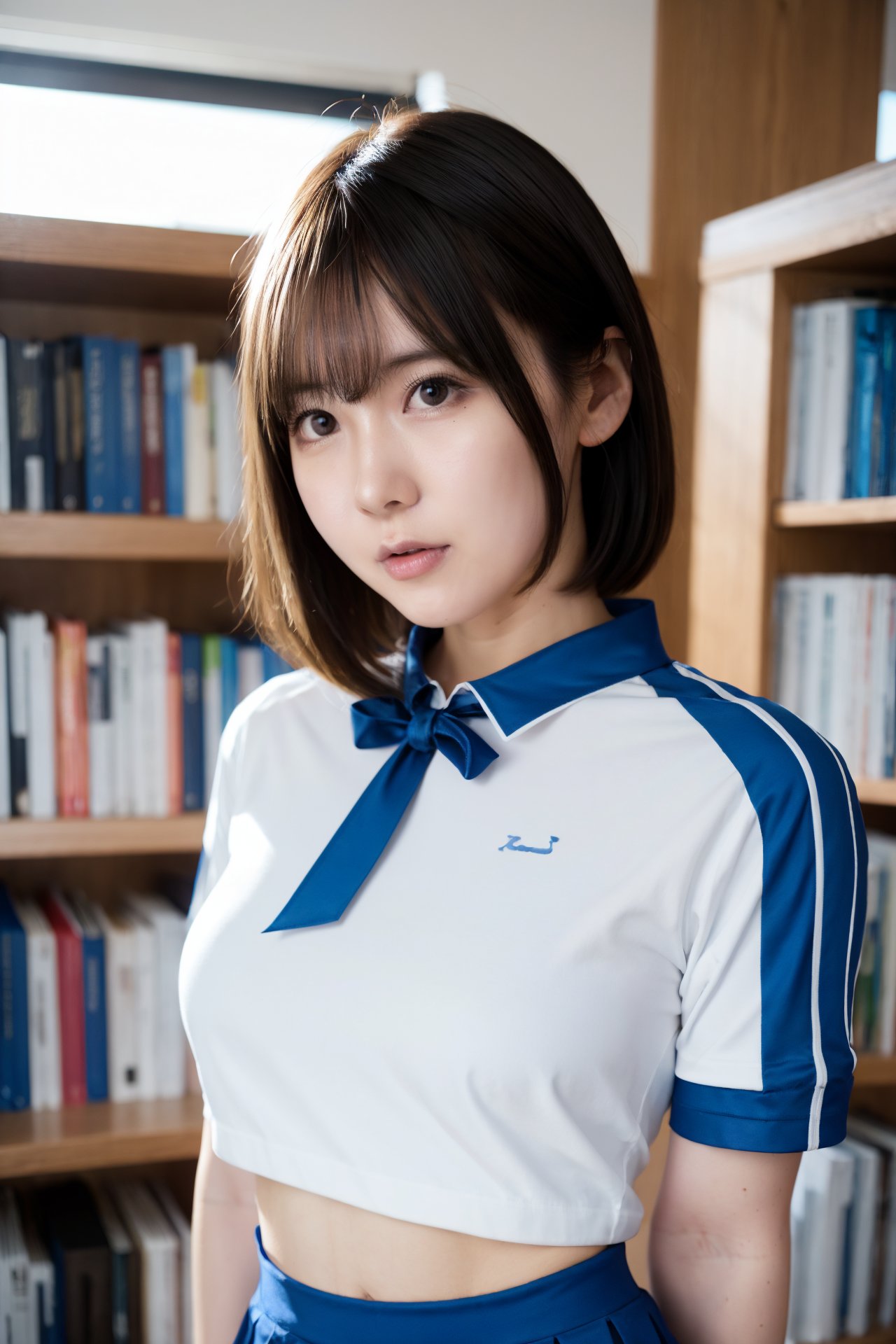 woman, short hair, (blue uniform:1.2), (pleated skirt:1.1), (ribbon), slender body, library, sunray, bokeh,  <lora:aiManjaKK-09:0.9>