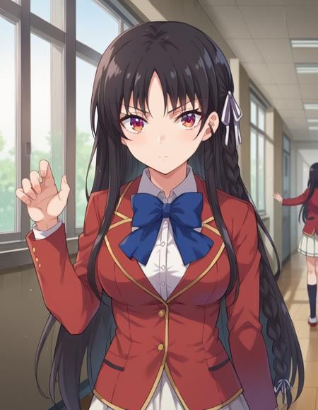 score_9, score_8_up, score_7_up, source_anime,suzunehorikita, <lora:suzune-horikita-ponyxl-lora-nochekaiser:1>,suzune horikita, long hair, black hair, red eyes, hair ribbon, braid,bow, school uniform, jacket, bowtie, blue bowtie, blazer, red blazer, skirt, white skirt,indoors, classroom, hallway,looking at viewer, dynamic pose, cowboy shot,