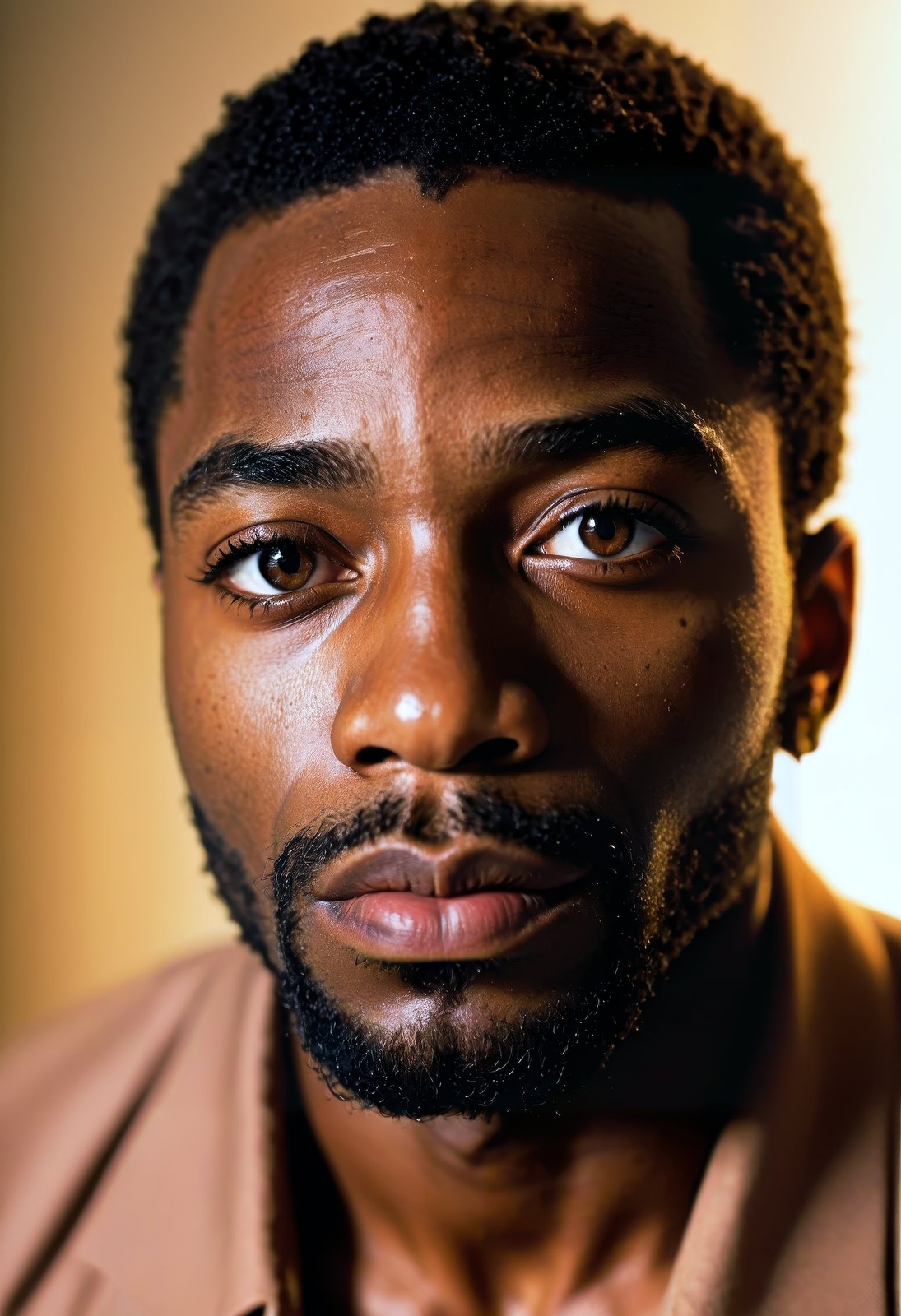 lifestyle photography photo of a black man, anticipate facial expression, close up on face, under soft lighting, high angle, shot on a Fujicolor Pro