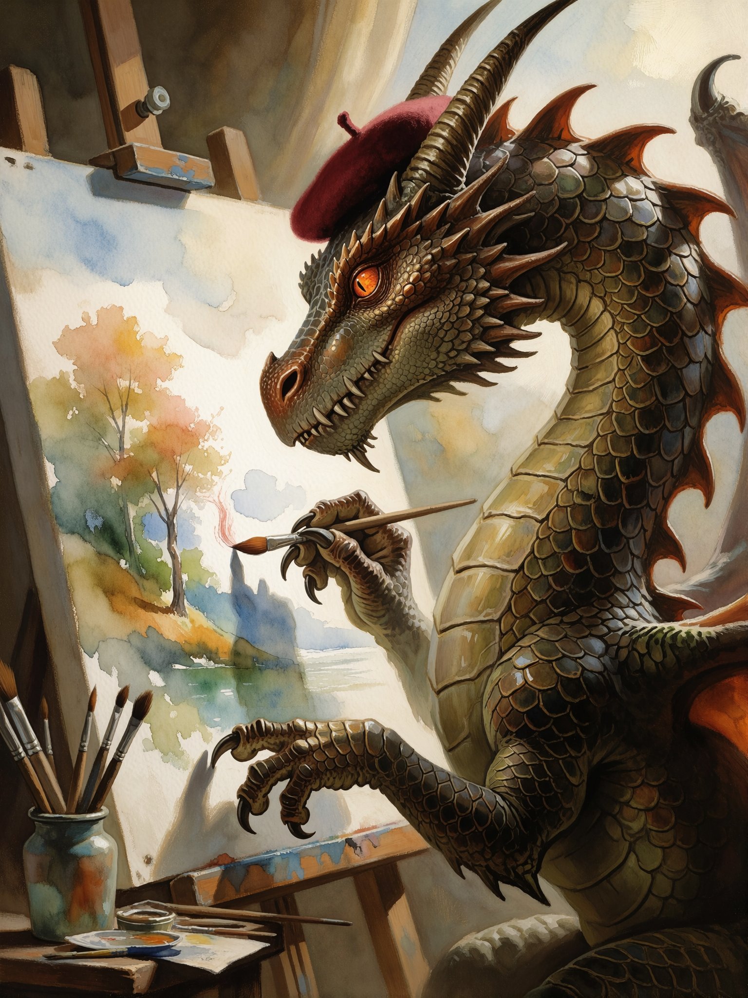 majestic,  powerful dragon meticulously using its tiny claws to paint a delicate watercolor landscape on a large canvas,...
