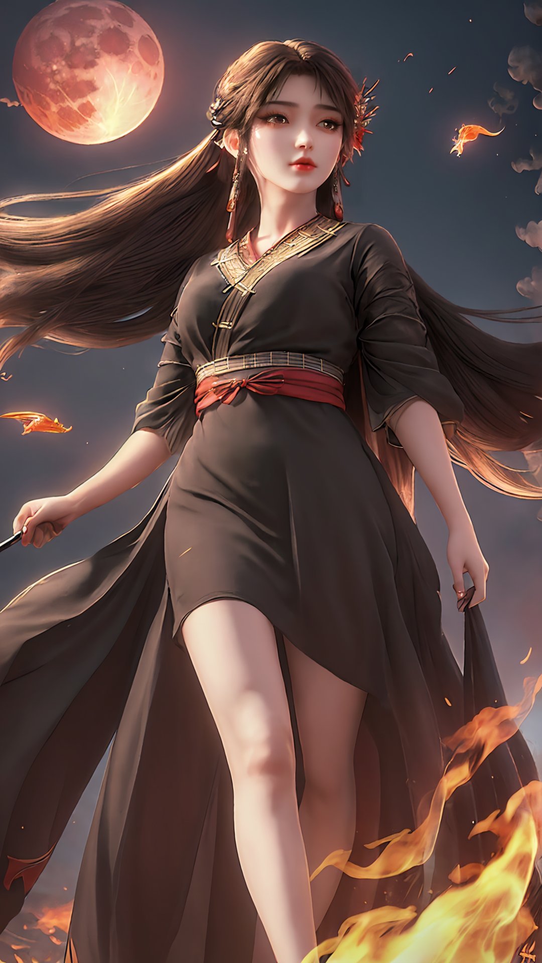 hle,1girl,solo,<lora:火灵儿-上界装扮-王导:0.8>,chinese_clothes,beautiful detailed glow, floating ashes, beautiful and detailed explosion, red moon, fire, fire cloud, wings on fire, a cloudy sky, smoke of gunpowder, burning, black dress, dove of peace, (floating cloud:1.2),