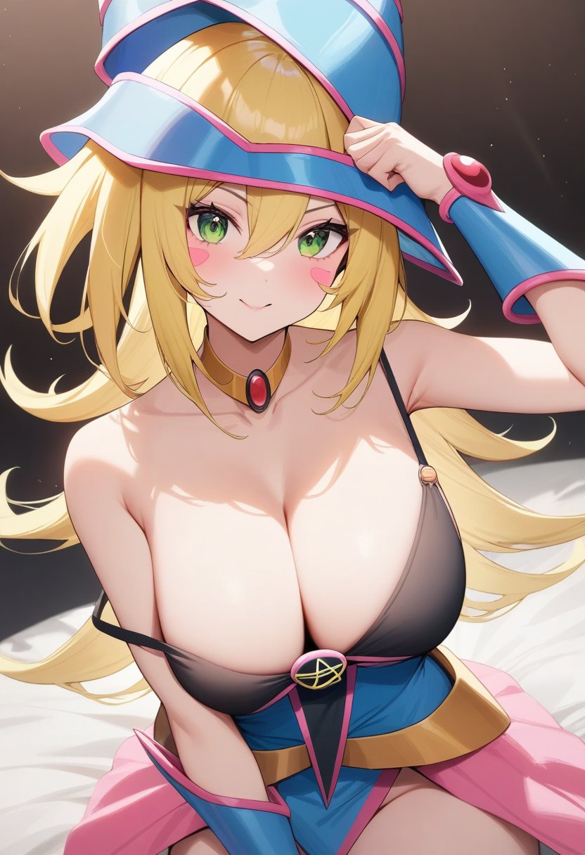 masterpiece,best quality,very aesthetic,absurdres,<lora:dark_magician_girl:1>,1girl, bad_id, bad_pixiv_id, bare_shoulders, black_bra, blonde_hair, blue_hat, blush_stickers, choker, cleavage, commentary, dark_magician_girl, duel_monster, green_eyes, large_breasts, long_hair, looking_at_viewer, magical_girl, pentacle, pentagram, revision, solo, strap_slip, wizard_hat