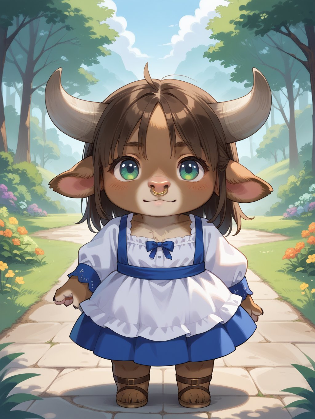 score_9, score_8_up, score_7_up,source_anime,chibi, furry,solo,  minotaur, nose ring, dress, outdoors, 