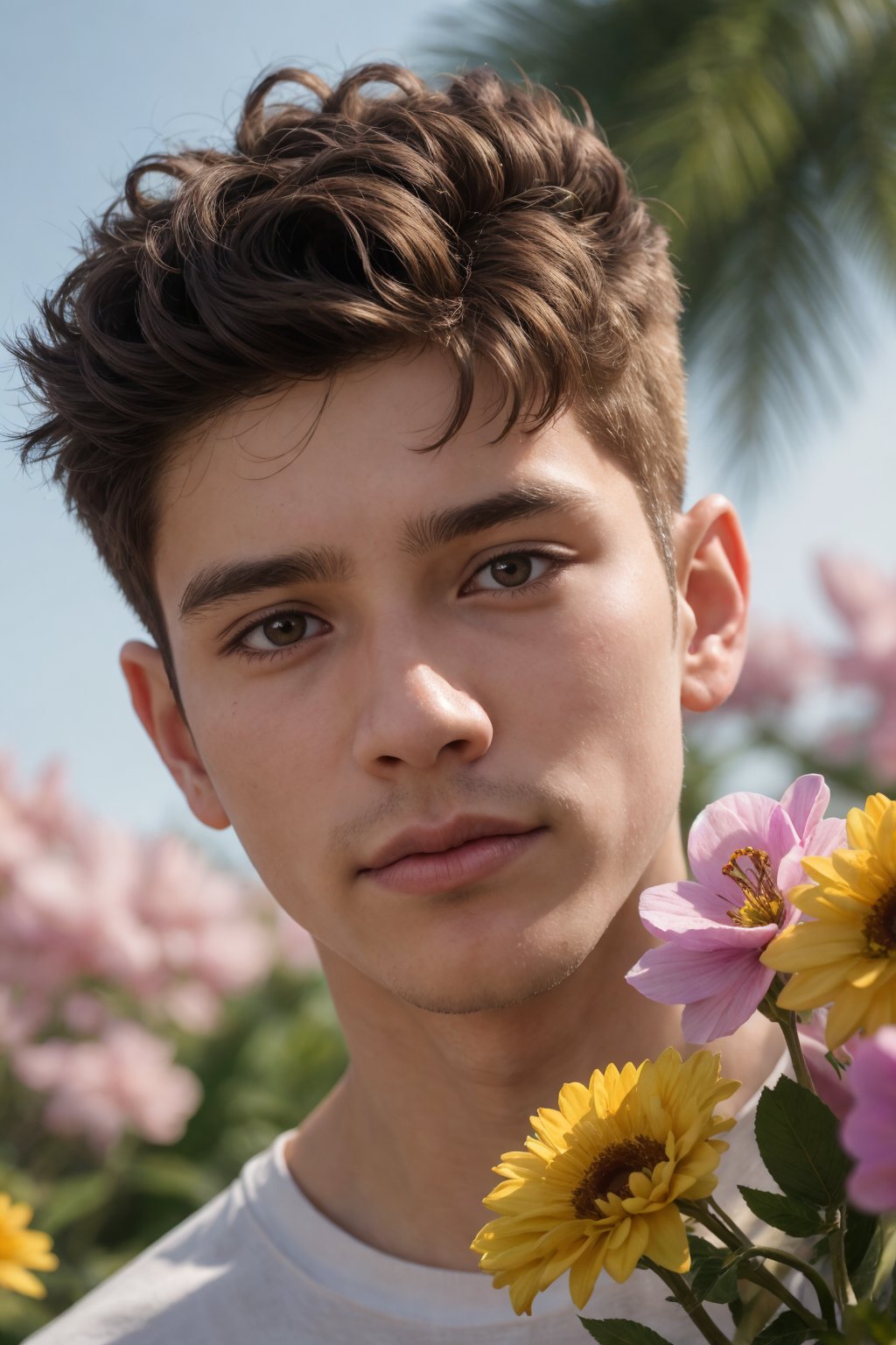 (1boy), gorgeous twink, close up beautiful masterpiece cinematic portrait photo, wearing light colourful flowers, portrait, RAW photo, dreamy soft focus, detailed photo, gorgeous, shallow depth of field, bokeh, hyper detailed photorealistic life-like accurate proportional 8k sharp focus, (selective focus:0.6)