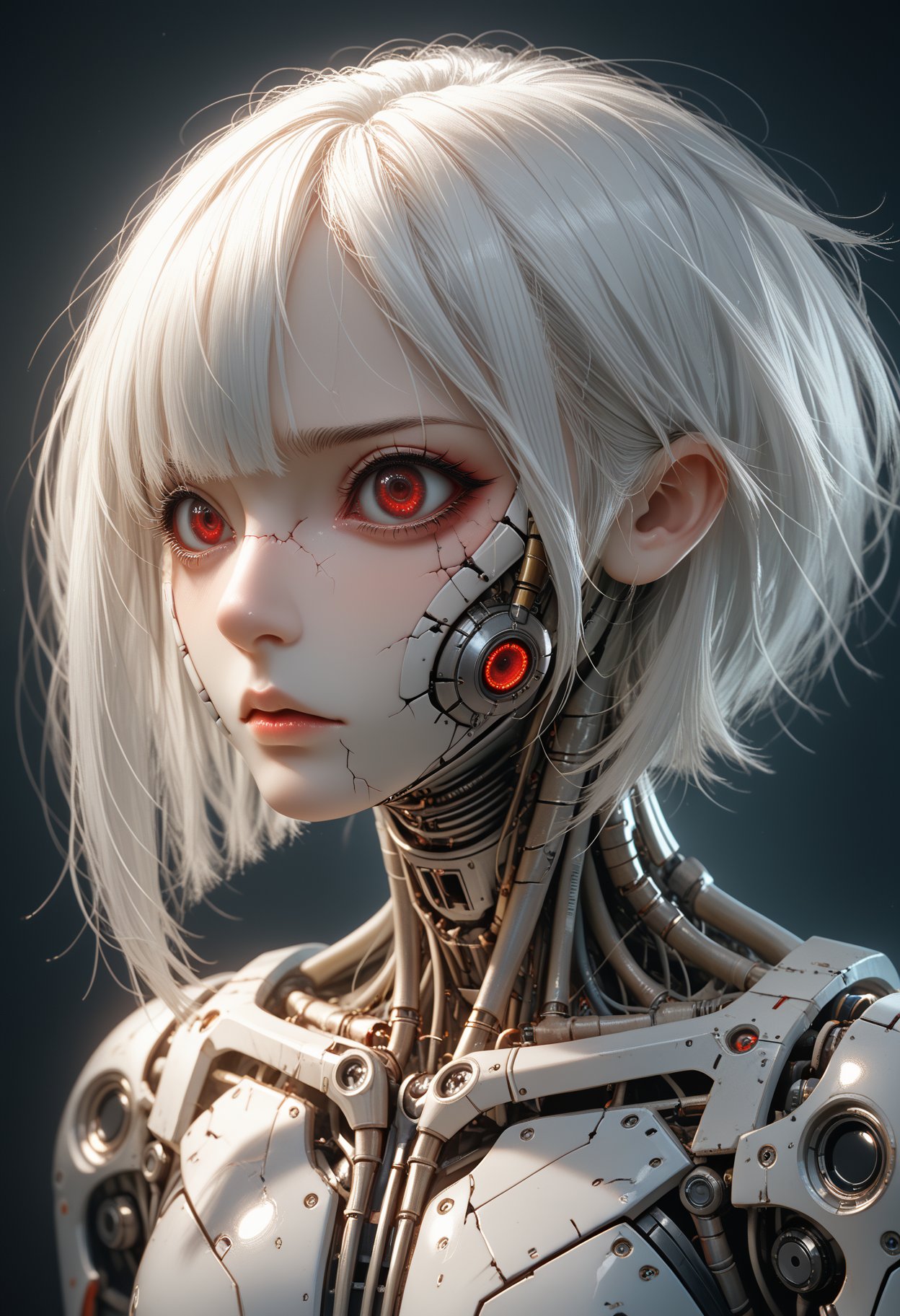 cyber girl with pale, cracked skin gazes sideways, her fragile form encased in a cyborg exoskeleton. Hydraulic mandibles frame her mechanical mouth. Intricate dieselpunk engines and hydraulics surround her in a harsh, gothic environment. Dark red eyes reflect deep sadness. Medium black and white hair tucked behind her ear., score_9,score_8_up,score_7_up,beast_quality,masterpiece,