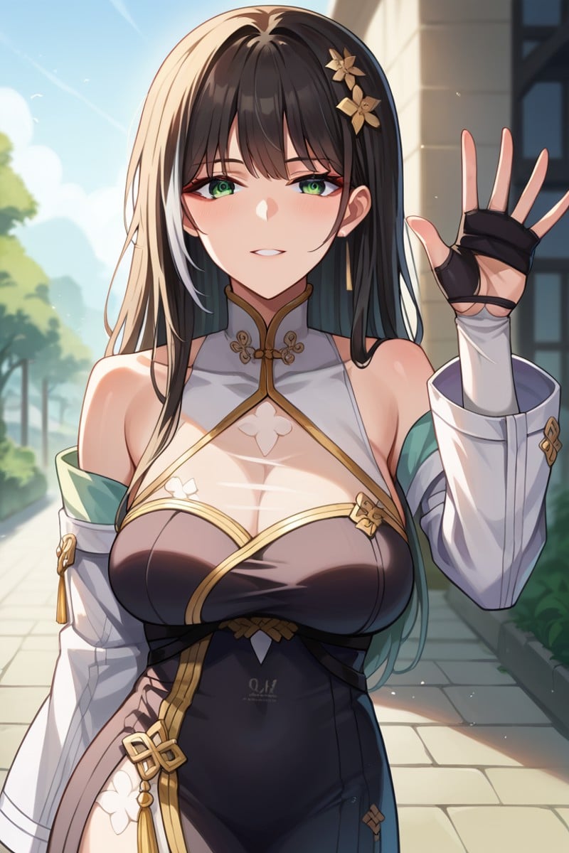 score_9, score_8_up, score_7_up, score_6_up, score_5_up, score_4_up, rating_questionable, , source_anime, digital illustration, pixiv, fanbox, uncensored, , BREAK, official art,1girl, solo, mature female, baizhi, long hair, green eyes, black hair, white streaks, hair ornament, chinese clothes, black dress, bare shoulders, see through cleavage, upper body,  detached sleeves, white jacket, open jacket, gloves, waving, outdoors, , light smile, , outdoors , cowboy shot, looking at viewer, colorful, vivid,,  <lora:Baizhi_Pony-10:0.9>