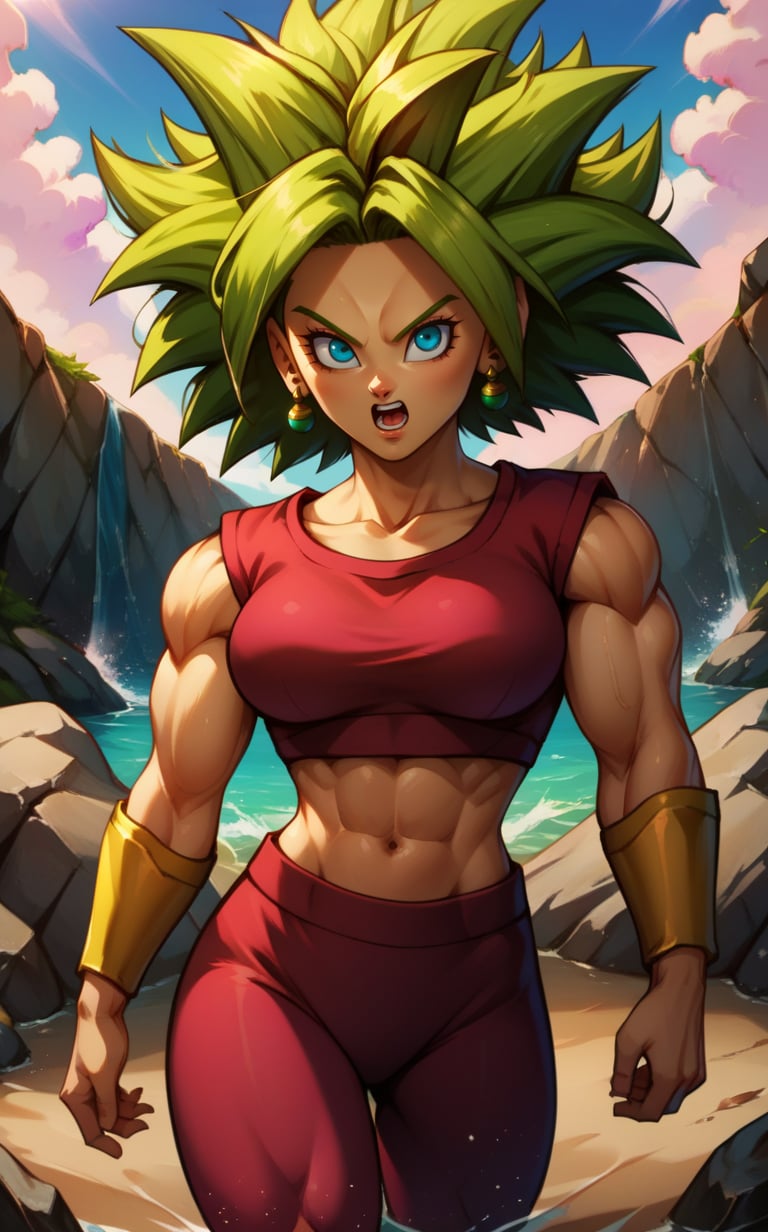 score_9, score_8_up, score_7_up, BREAK,  <lora:Kefla-08:1> KeflaSDXL, 1girl, solo, breasts, looking at viewer, open mouth, blue eyes, navel, jewelry, medium breasts, collarbone, earrings, green hair, midriff, purple pants, crop top, toned, spiked hair, muscular female, biceps, super saiyan, rocks background, cowboy shot,